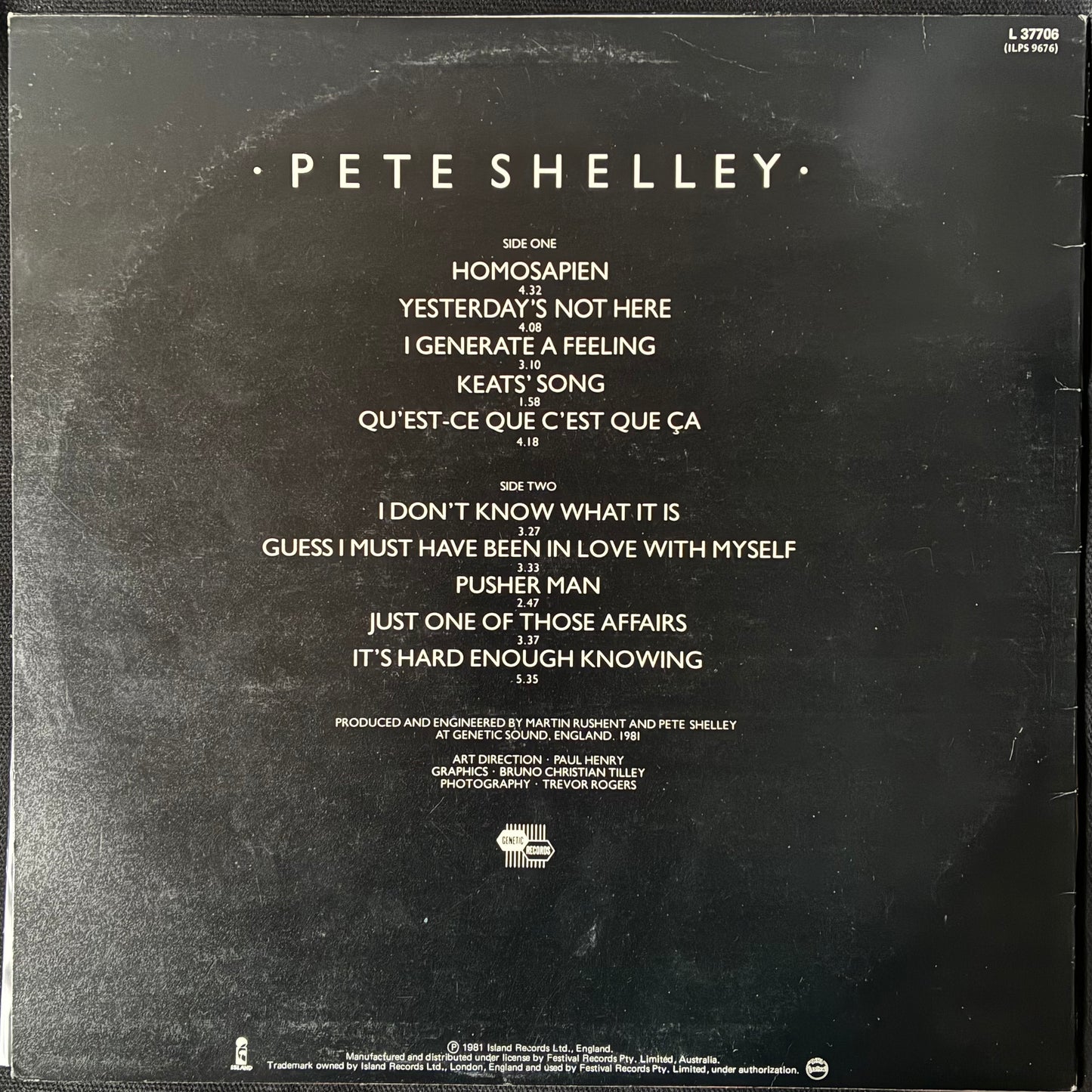 PETE SHELLEY - HOMOSAPIEN (USED VINYL 1981 AUS M-/EX+)