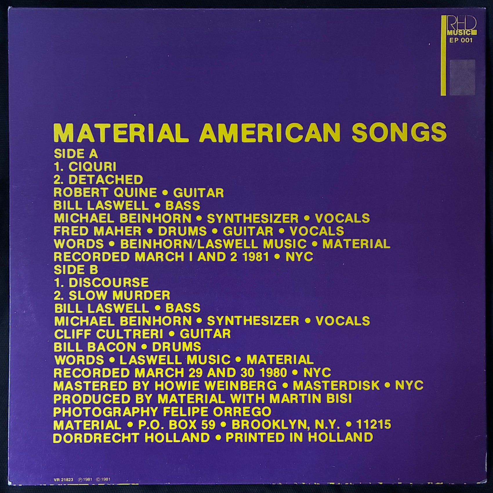 MATERIAL - AMERICAN SONGS (12" EP) (USED VINYL 1981 NETHERLANDS M-/M-)