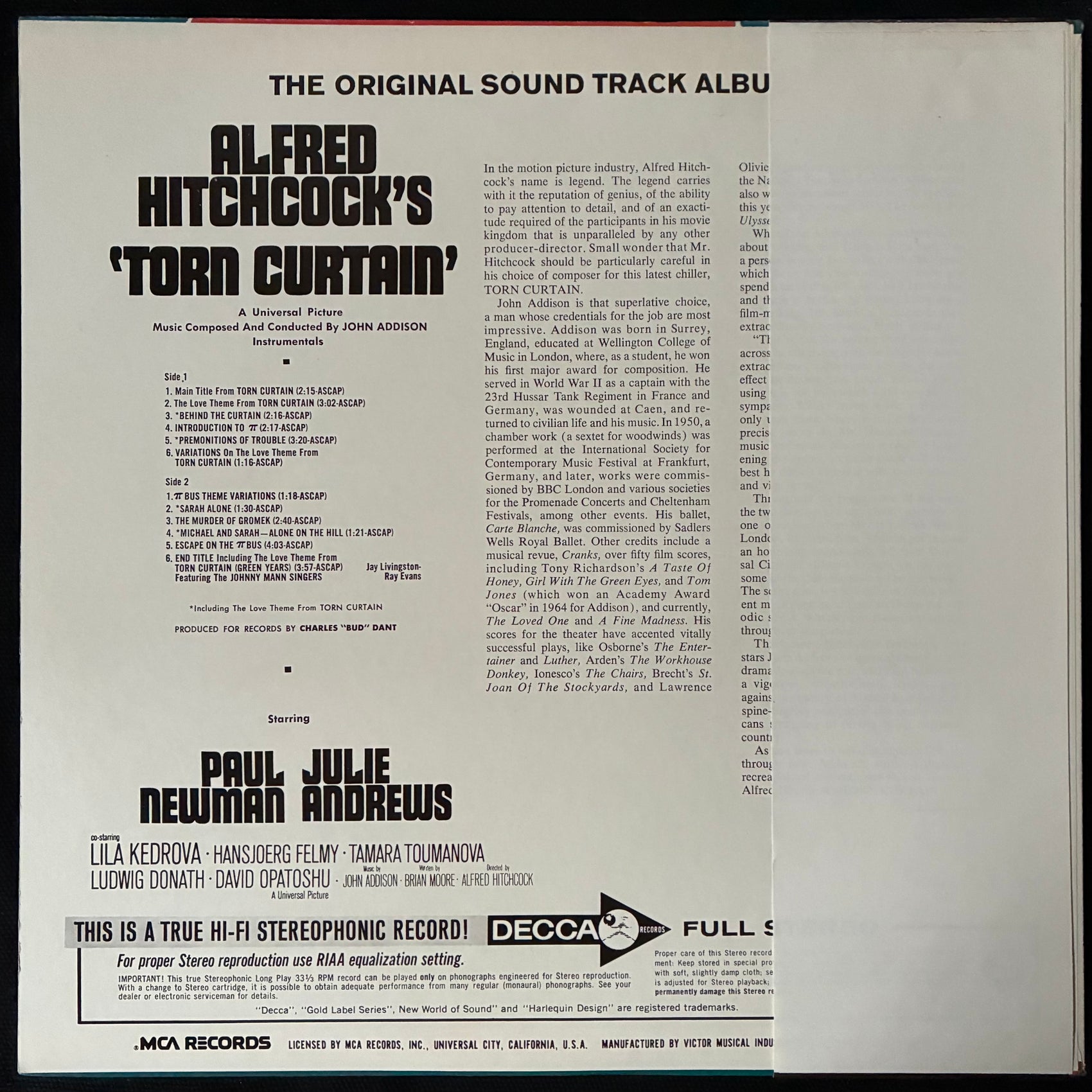 JOHN ADDISON - ALFRED HITCHCOCK'S TORN CURTAIN OST (USED VINYL 1975 JAPAN M-/M-)