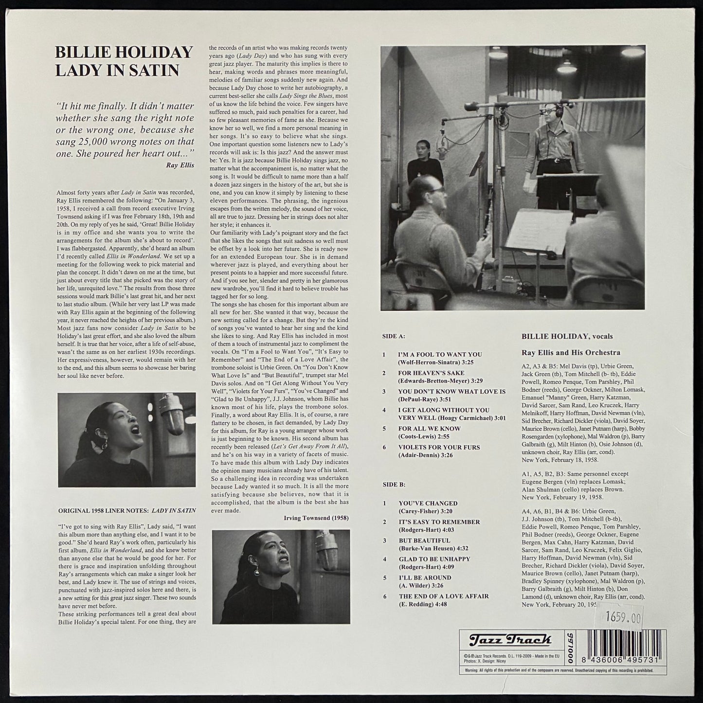 BILLIE HOLIDAY - LADY IN SATIN (USED VINYL 2009 EU M-/M-)