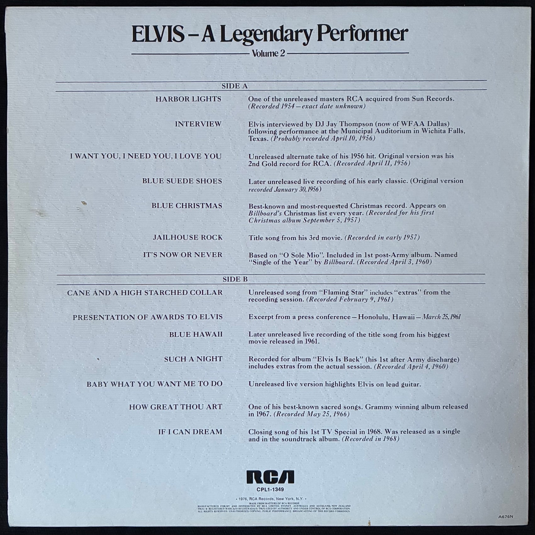 ELVIS PRESLEY - A LEGENDARY PERFORMER : ELVIS, VOLUME 2 (USED VINYL 1976 AUS M-/EX-)