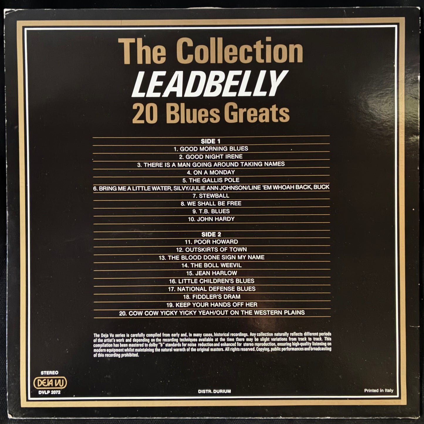 LEADBELLY - THE LEADBELLY COLLECTION : 20 BLUES GREATS (USED VINYL 1986 ITALY M-/EX+)