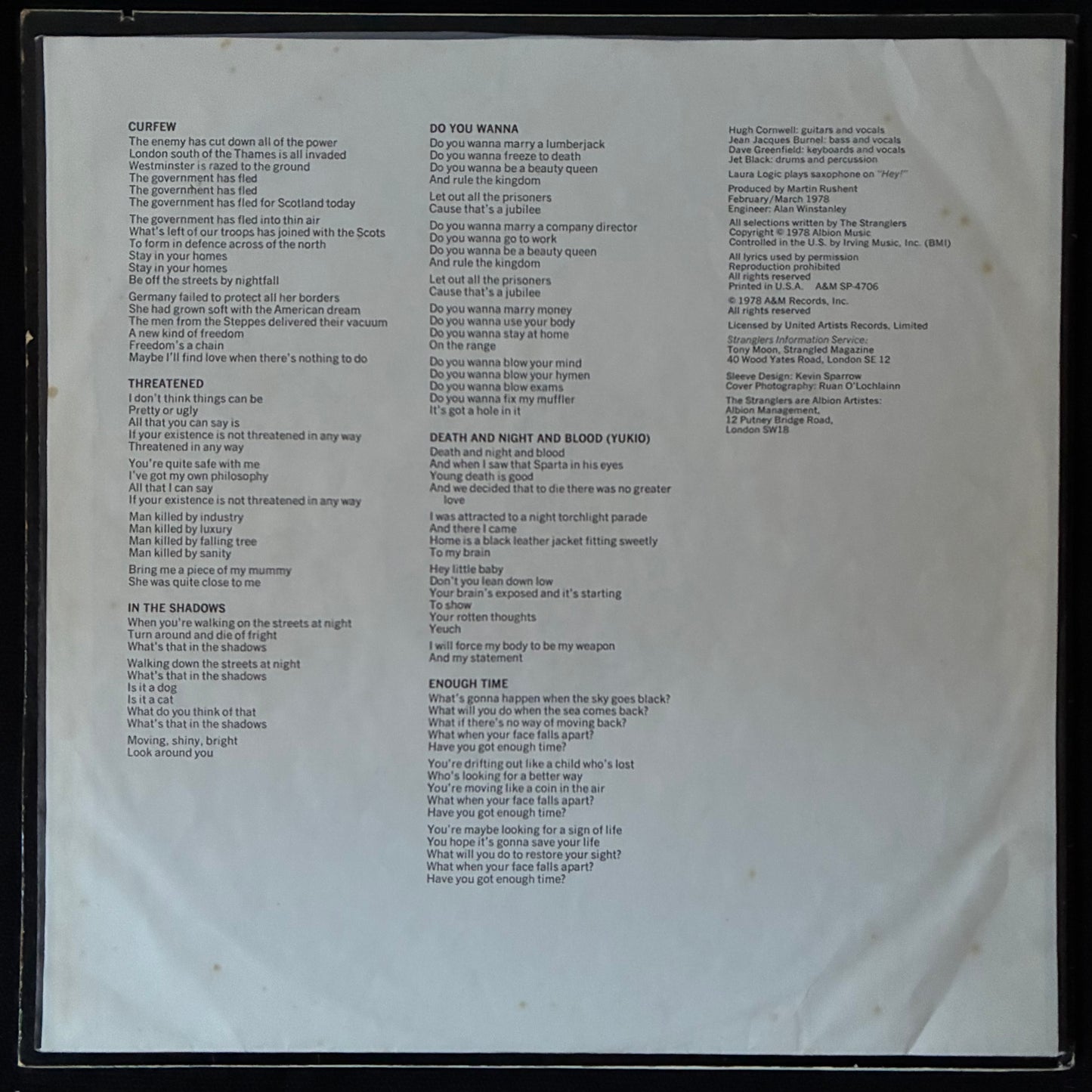 STRANGLERS - BLACK AND WHITE (GREY COLOURED) (USED VINYL 1978 US M-/EX)