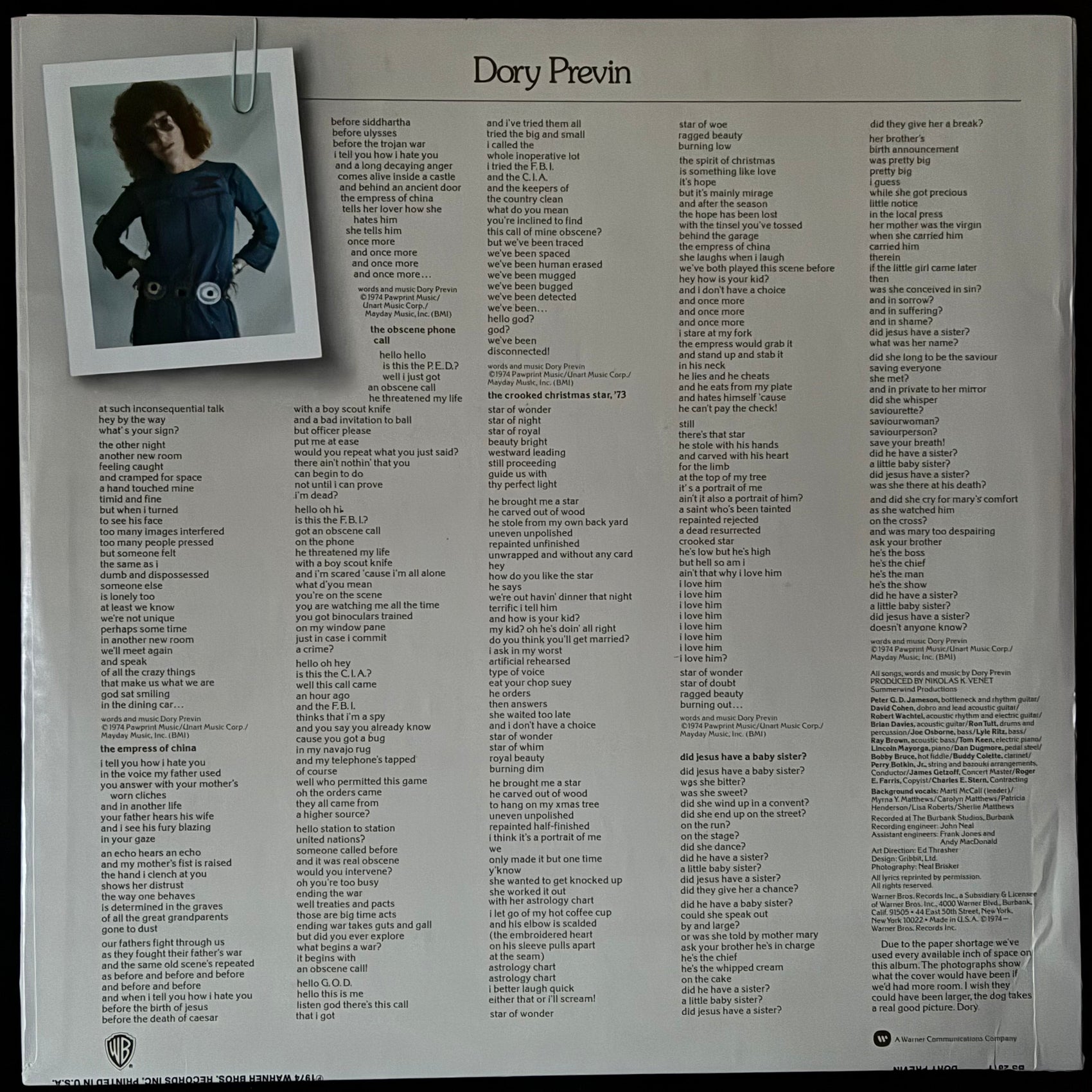DORY PREVIN - DORY PREVIN (USED VINYL 1974 US M-/M-)