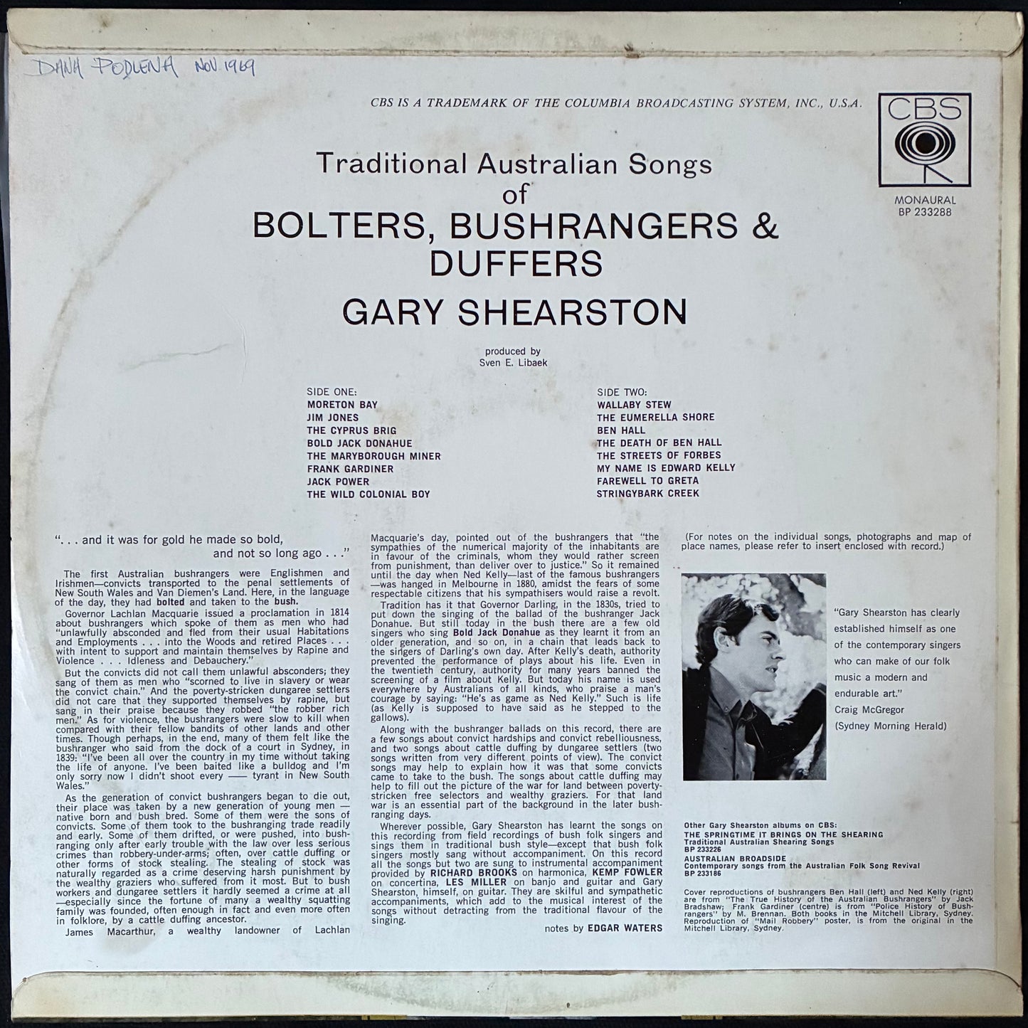 GARY SHEARSTON - BOLTERS, BUSHRANGERS & DUFFERS (USED VINYL 1965 AUS EX+/EX-)