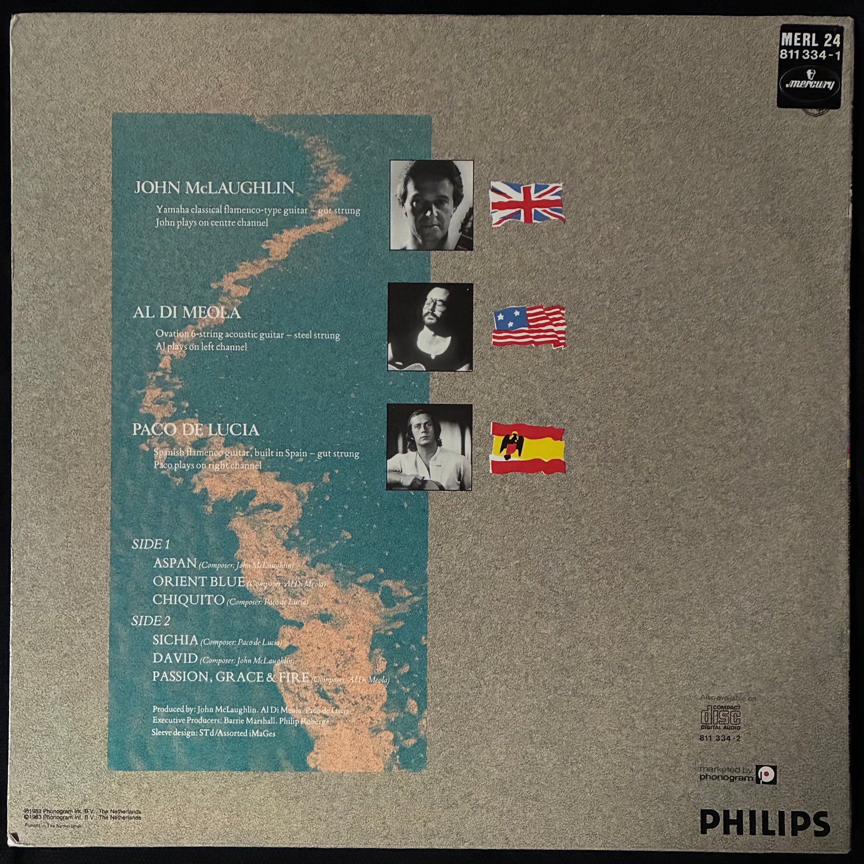 JOHN MCLAUGHLIN & AL DIMEOLA & PACO DE LUCIA - PASSION GRACE & FIRE (USED VINYL 1983 NETHERLANDS M-/EX+)