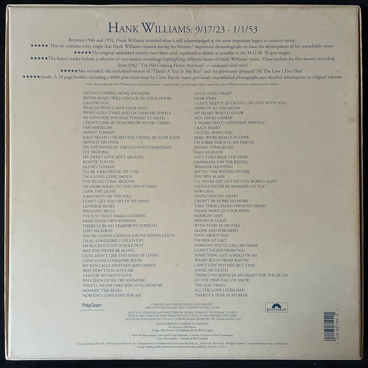 HANK WILLIAMS - THE ORIGINAL SINGLES COLLECTION (3CD BOX SET) (USED CD 1990 US M-/EX)