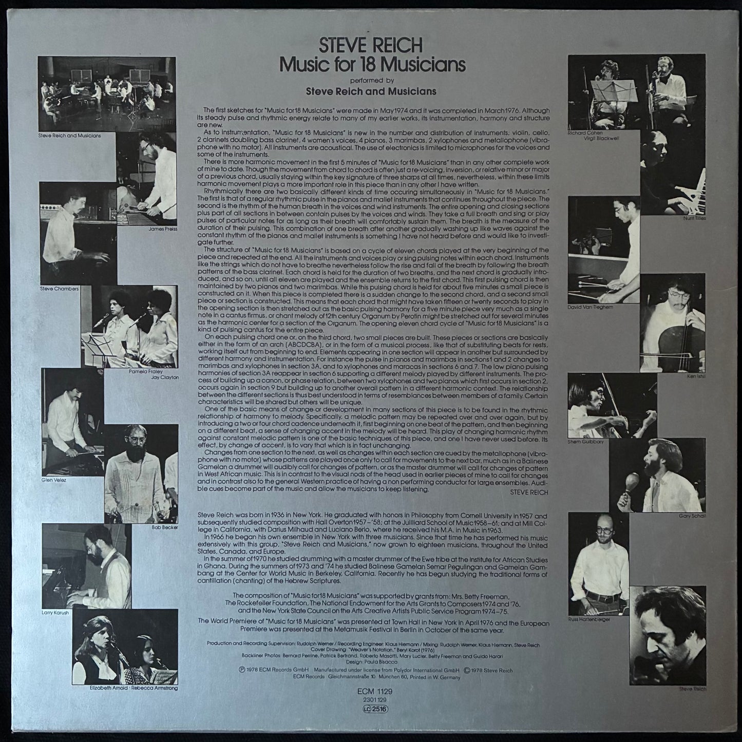 STEVE REICH - MUSIC FOR 18 MUSICIANS (USED VINYL 1978 GERMANY M-/EX)