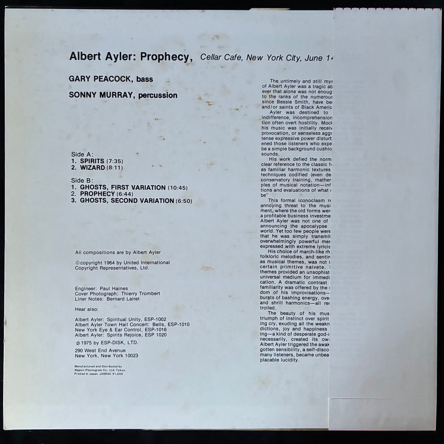 ALBERT AYLER - PROPHECY (USED VINYL 1980 JAPAN EX+/EX)