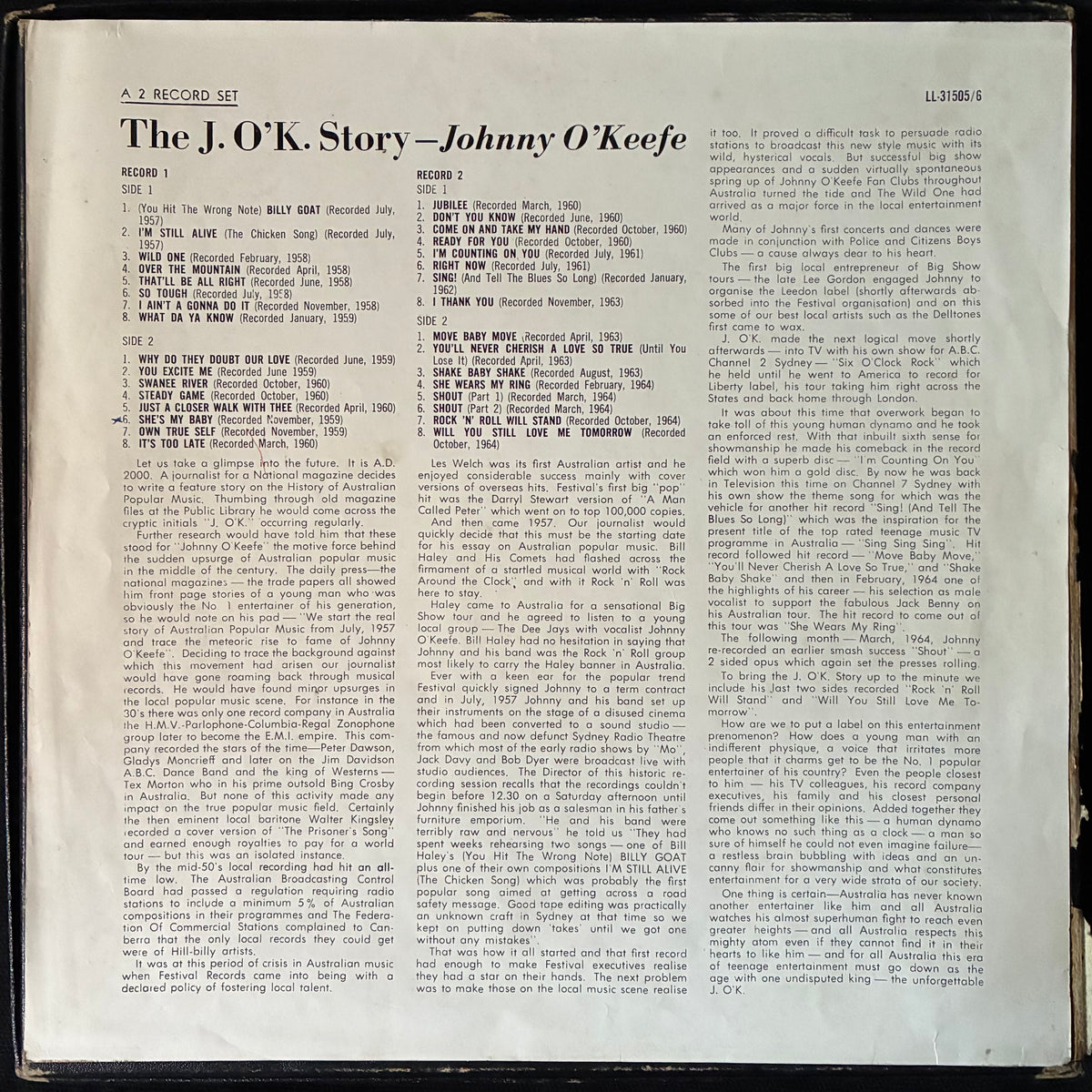 JOHNNY O'KEEFE - THE J.O'K. STORY (2LP BOX SET) (USED VINYL 1966 AUS M-/EX+/EX-)