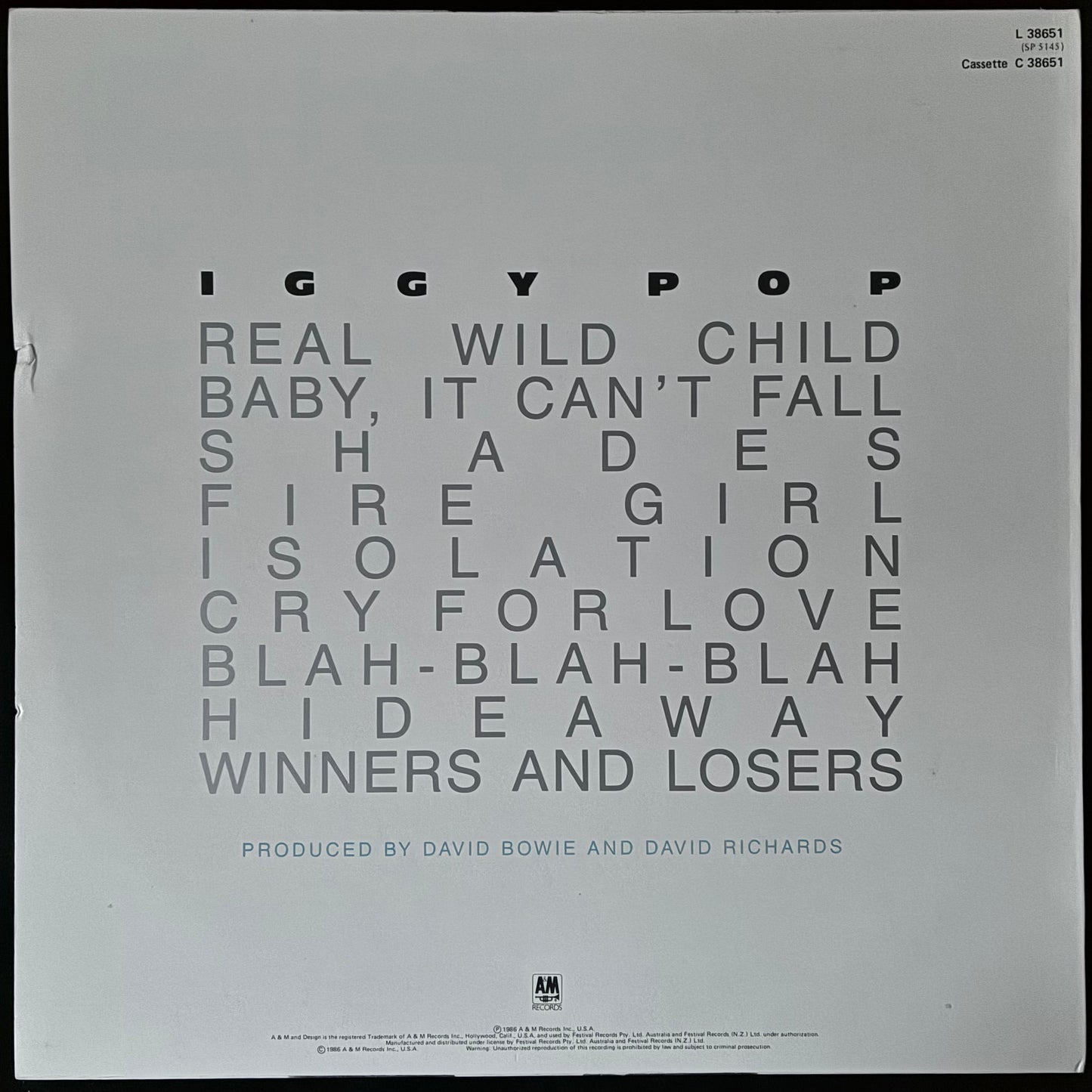 IGGY POP  - BLAH BLAH BLAH (USED VINYL 1986 AUS M-/M-)