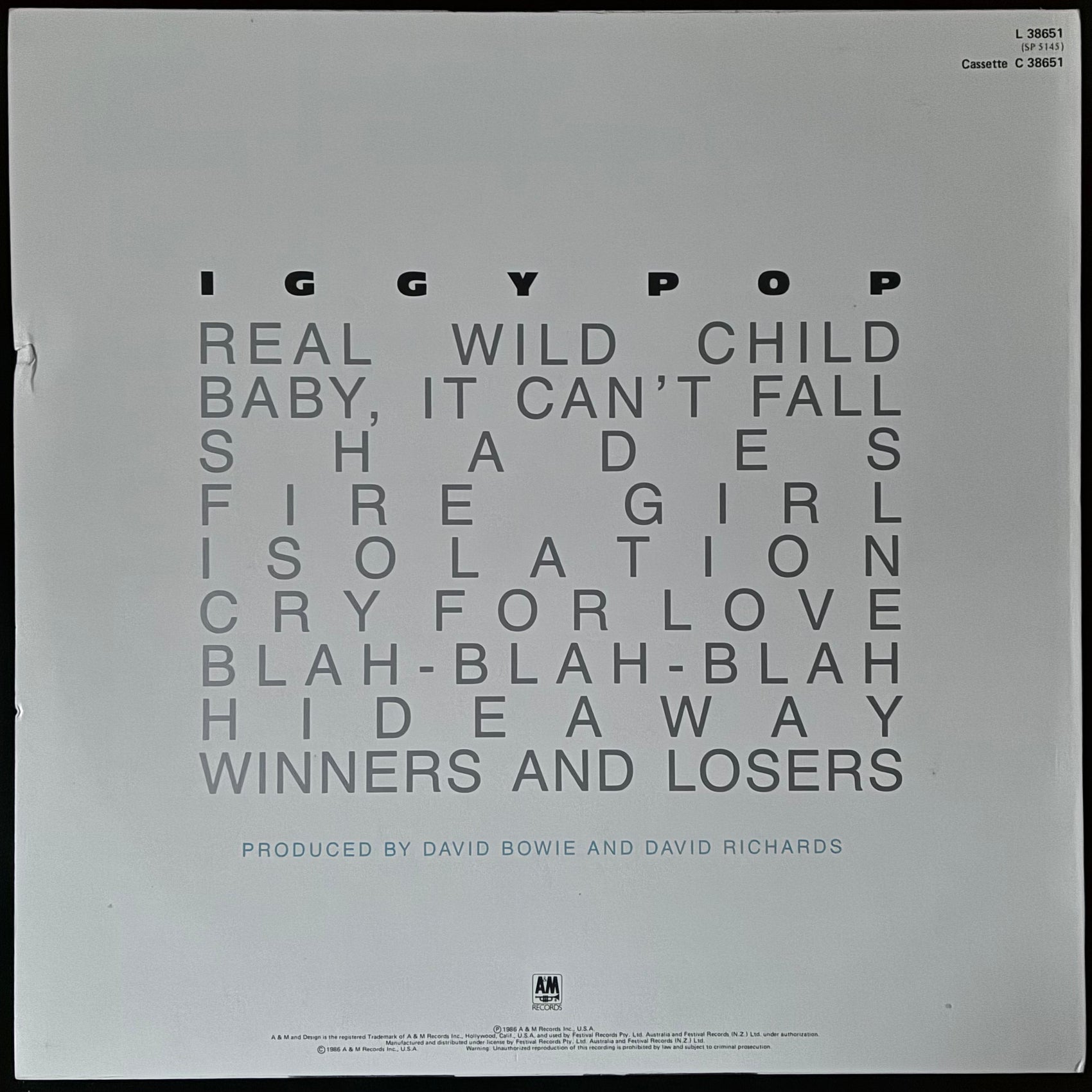 IGGY POP  - BLAH BLAH BLAH (USED VINYL 1986 AUS M-/M-)