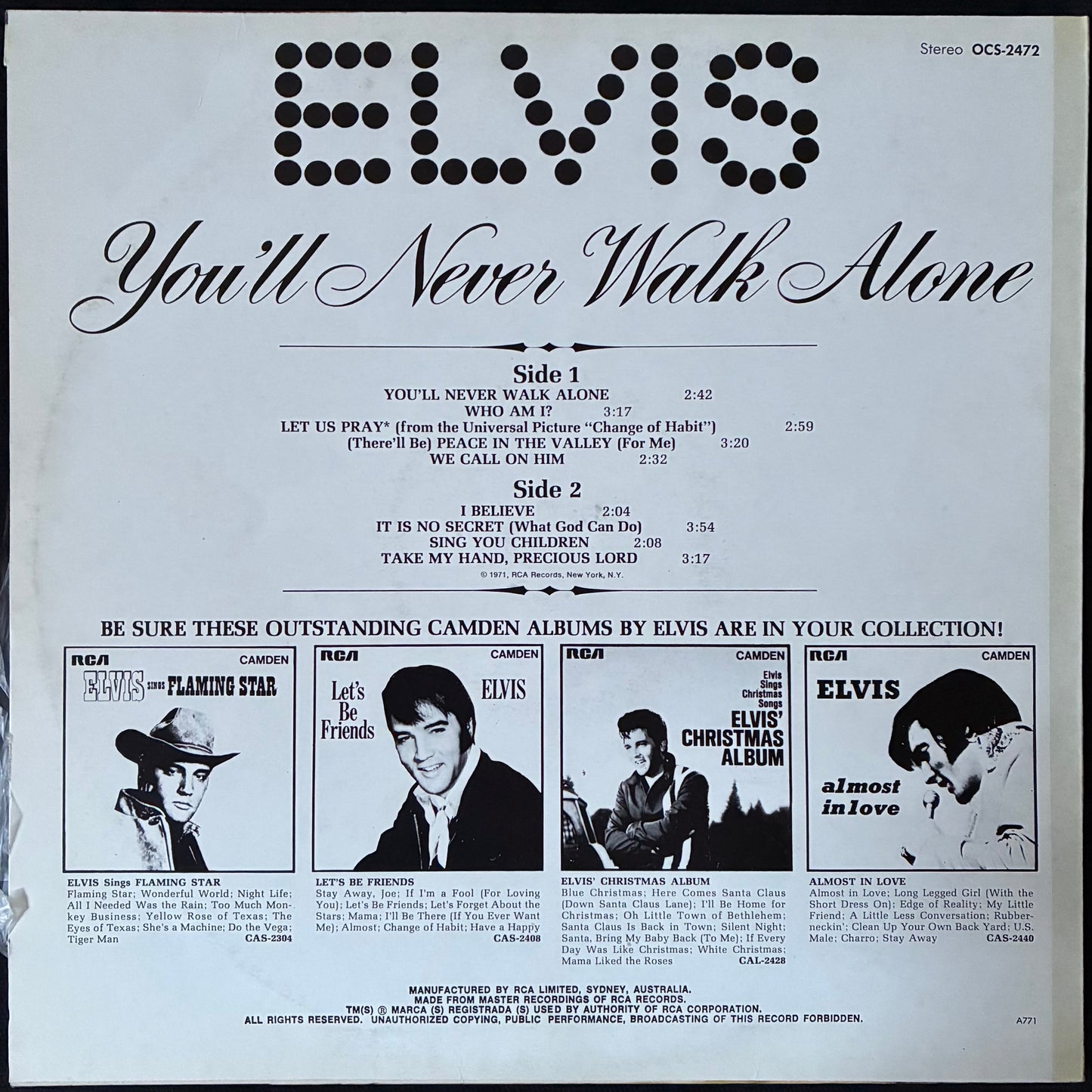 ELVIS PRESLEY - YOU'LL NEVER WALK ALONE (USED VINYL 1971 AUS M-/EX-)