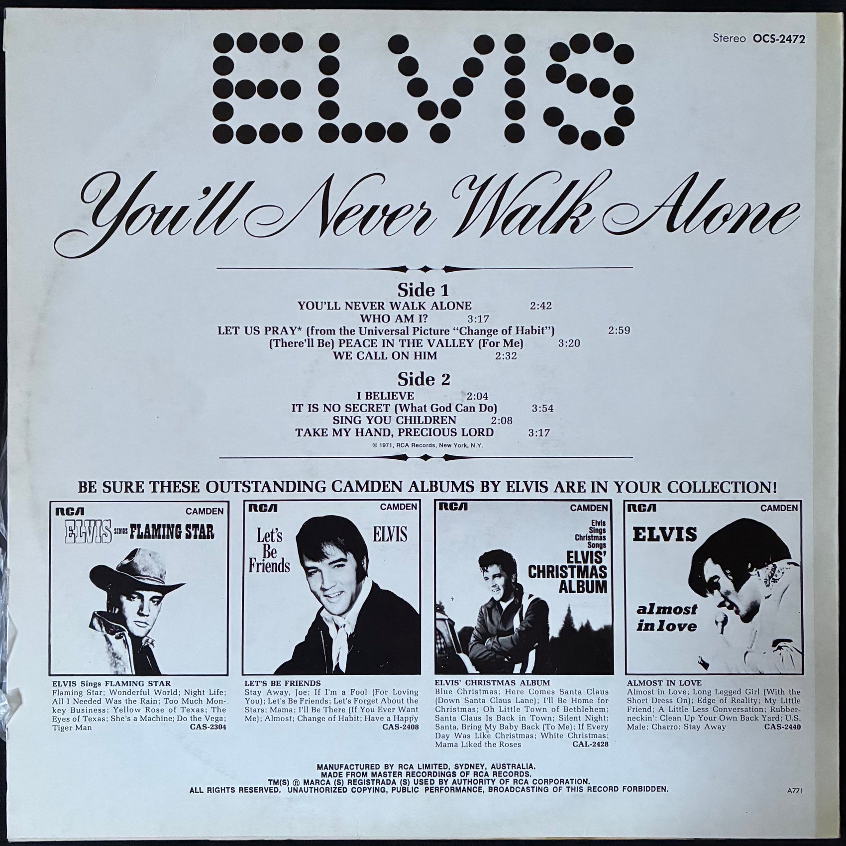ELVIS PRESLEY - YOU'LL NEVER WALK ALONE (USED VINYL 1971 AUS M-/EX-)