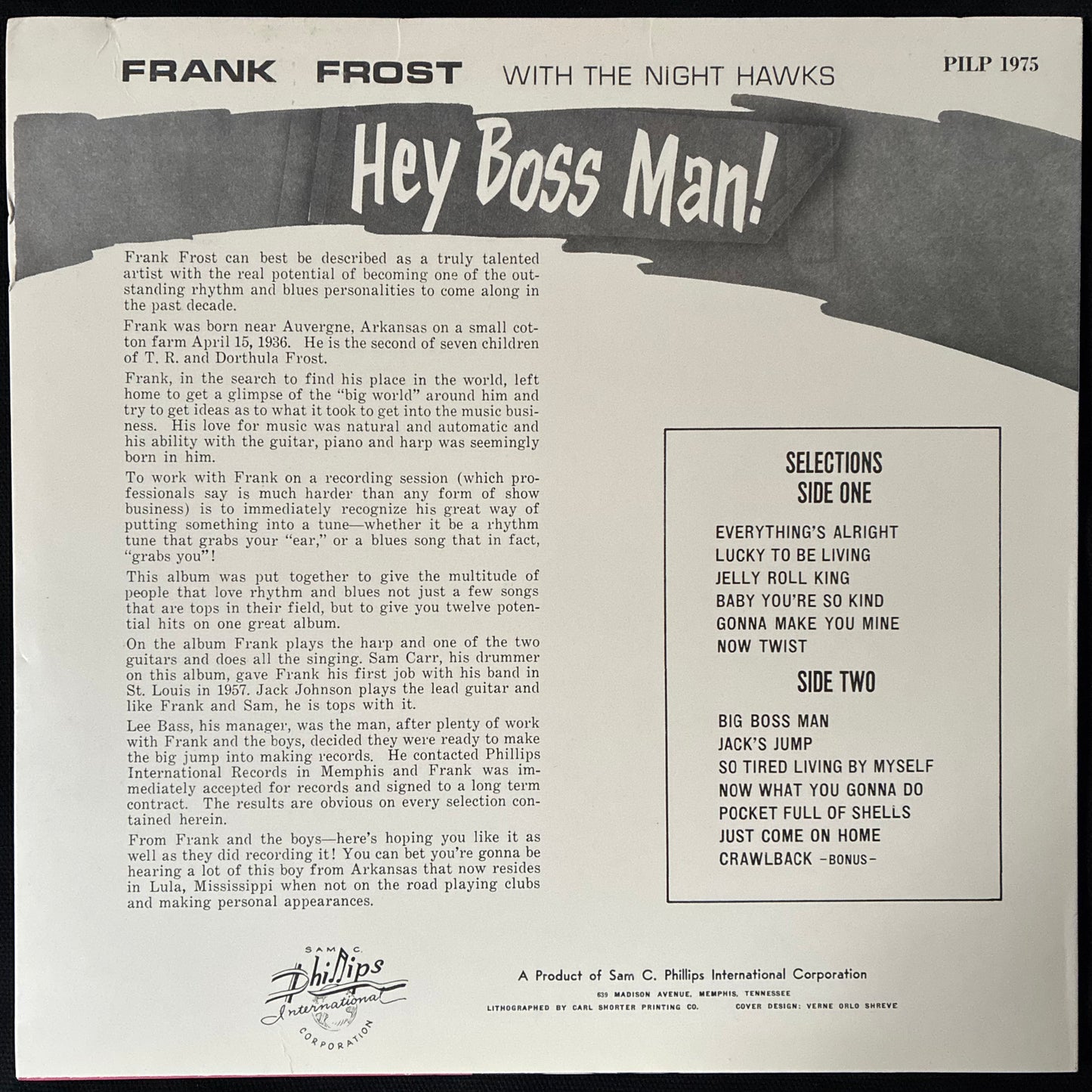 FRANK FROST WITH THE NIGHTHAWKS - HEY BOSS MAN! (USED VINYL US M-/M-)