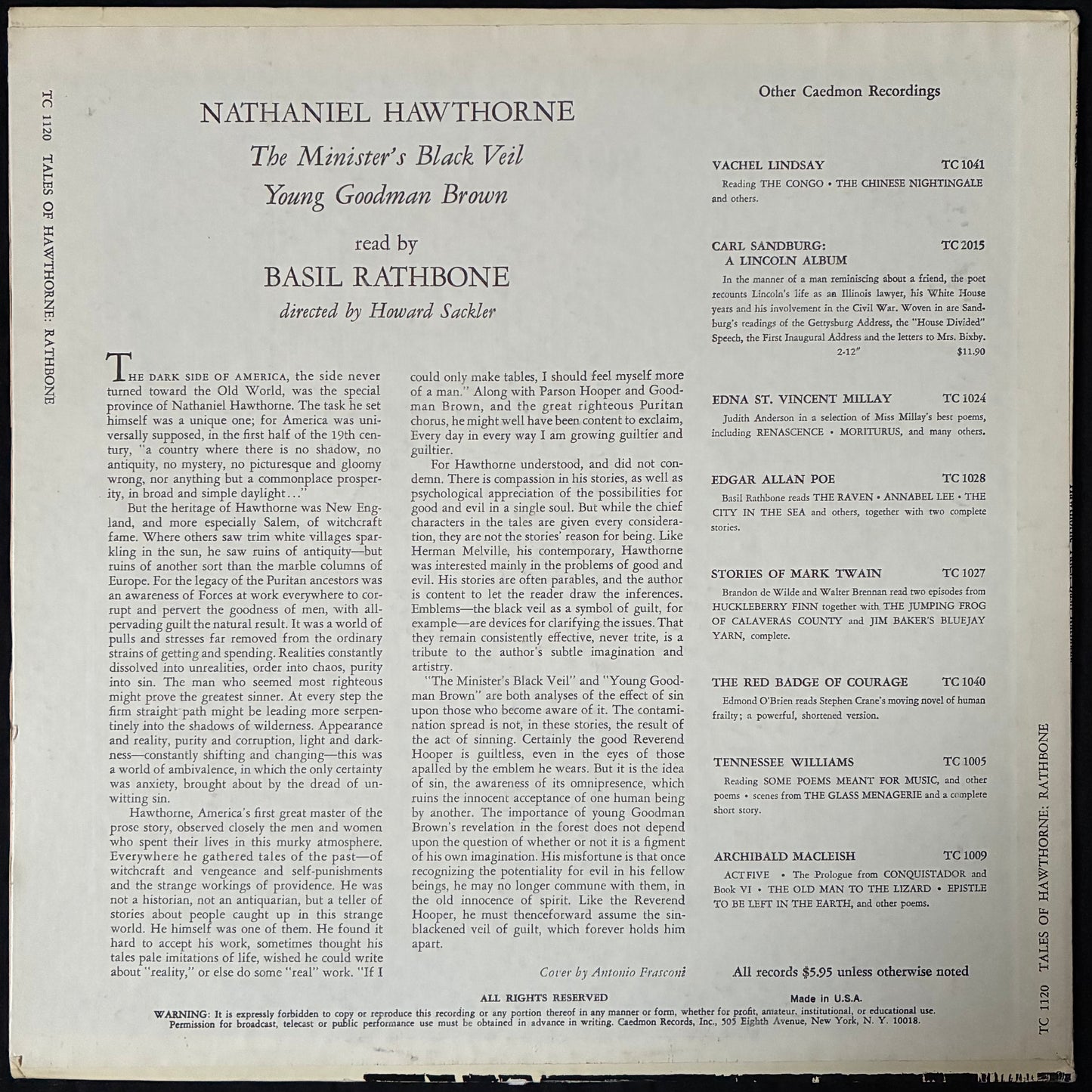 BASIL RATHBONE - HAWTHORN TALES (USED VINYL 1960 US M-/EX+)