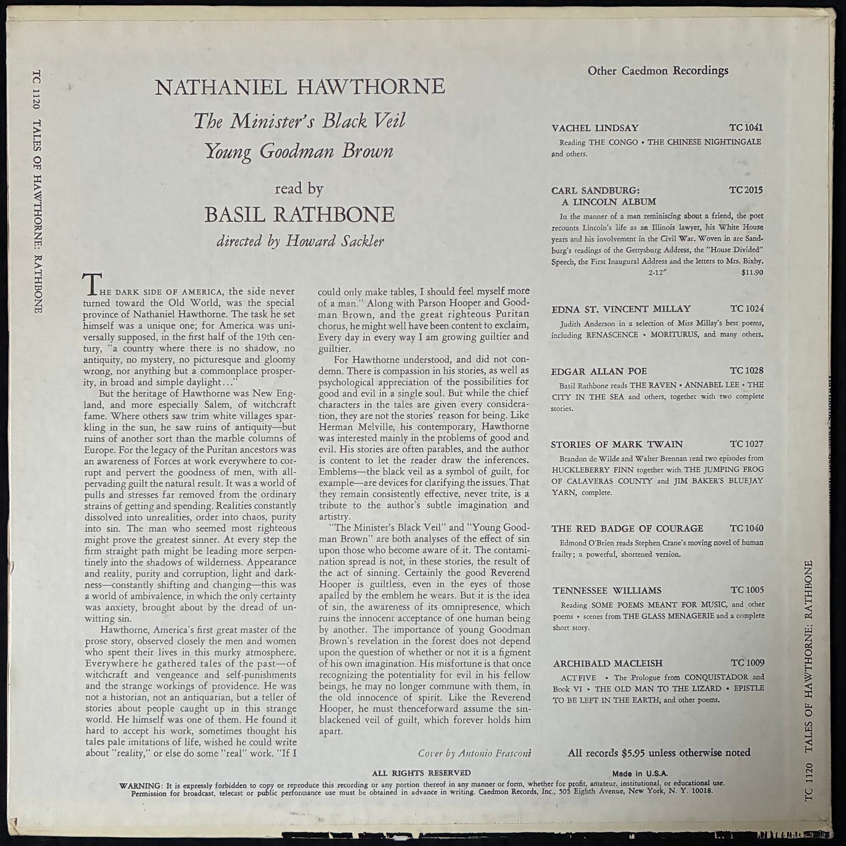 BASIL RATHBONE - HAWTHORN TALES (USED VINYL 1960 US M-/EX+)