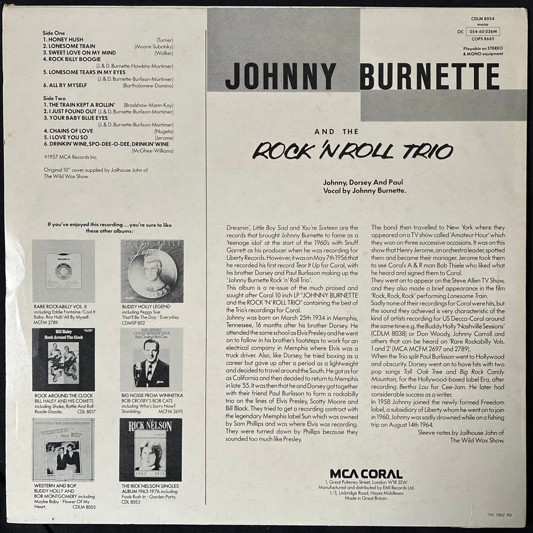 JOHNNY BURNETTE - JOHNNY BURNETTE AND THE ROCK 'N' ROLL TRIO (USED VINYL UK M-/EX+)