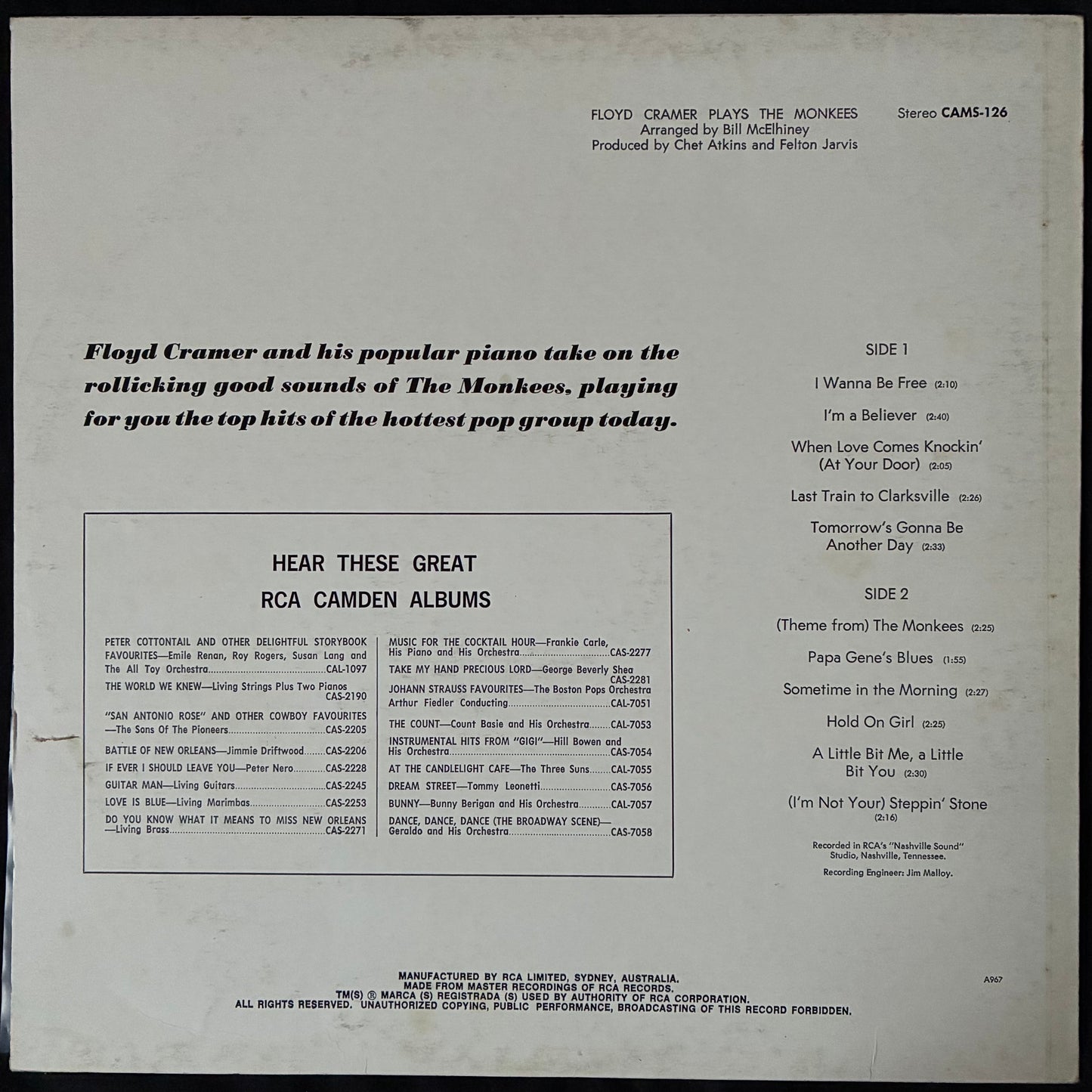 FLOYD CRAMER - FLOYD CRAMER PLAYS THE MONKEES (USED VINYL AUS M-/EX+)