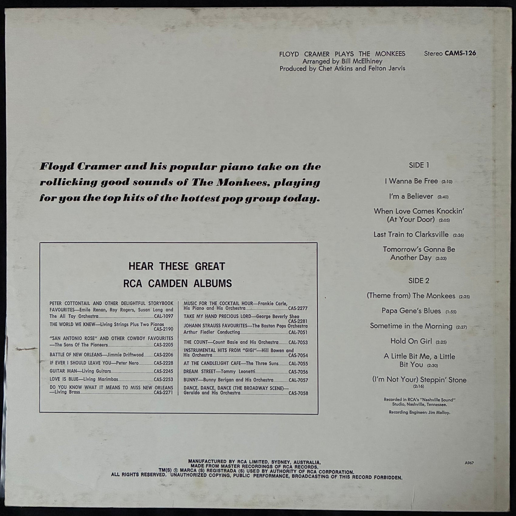 FLOYD CRAMER - FLOYD CRAMER PLAYS THE MONKEES (USED VINYL AUS M-/EX+)