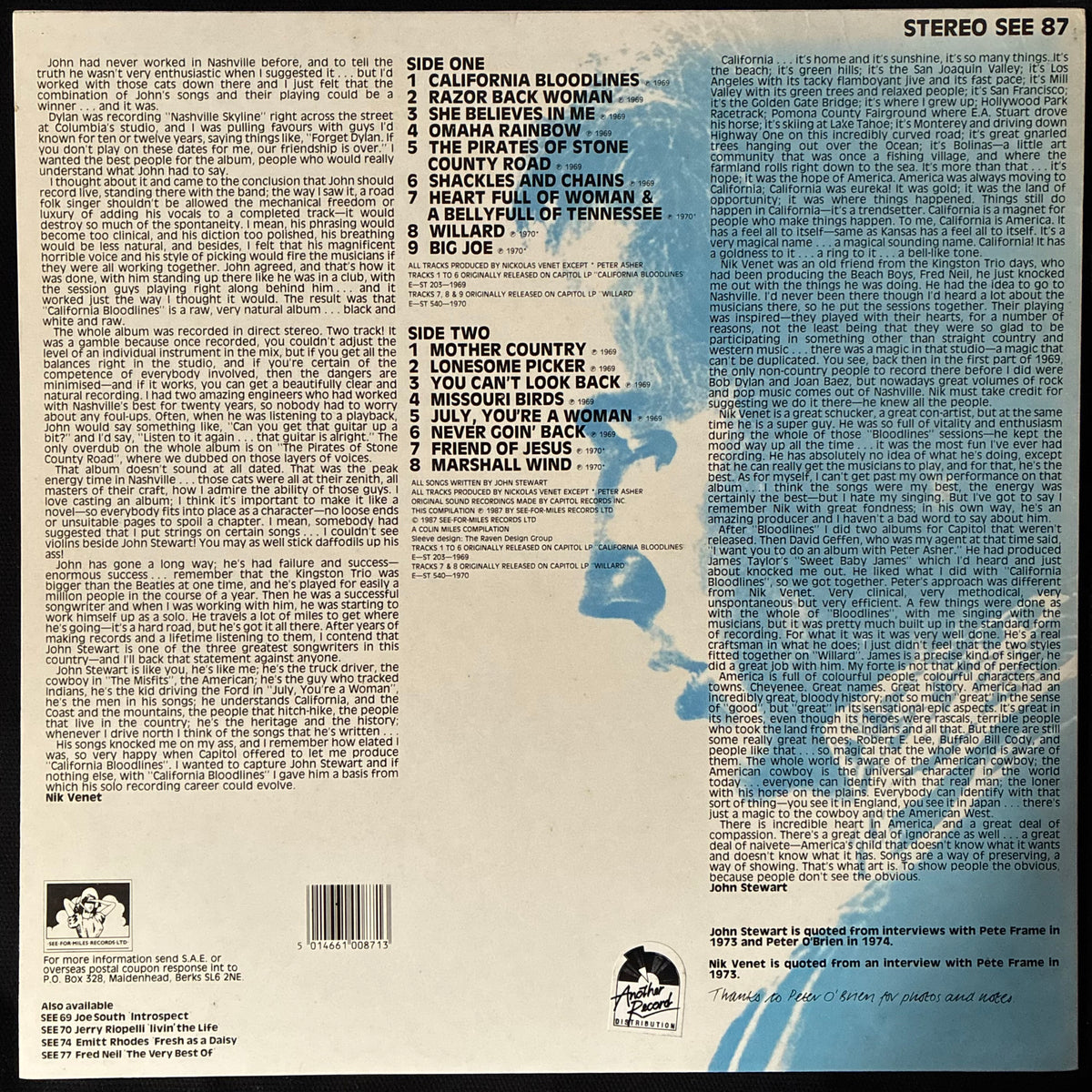 JOHN STEWART - "CALIFORNIA BLOODLINES" PLUS... (USED VINYL 1987 UK M-/M-)