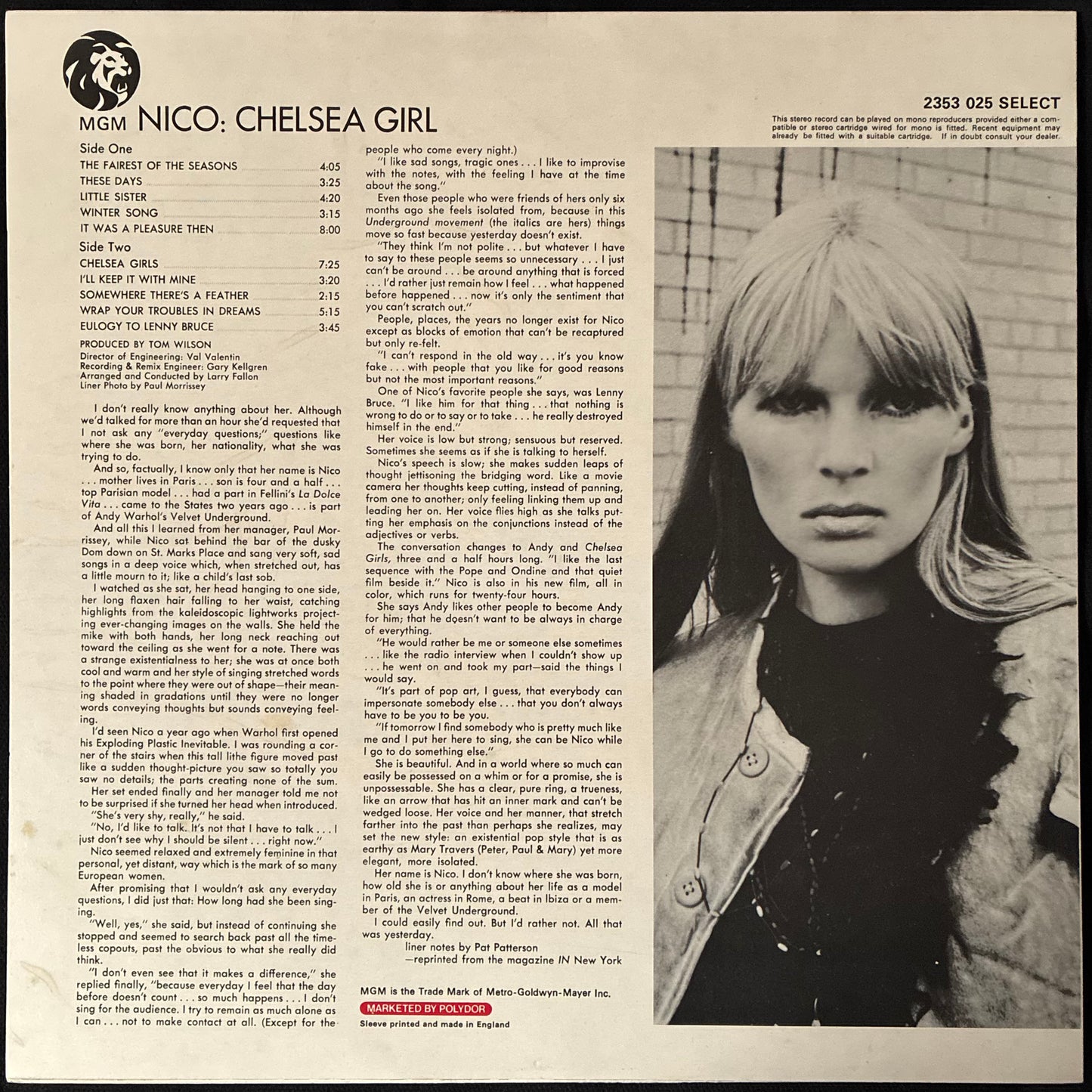 NICO - CHELSEA GIRL (USED VINYL 1986 UK M-/M-)