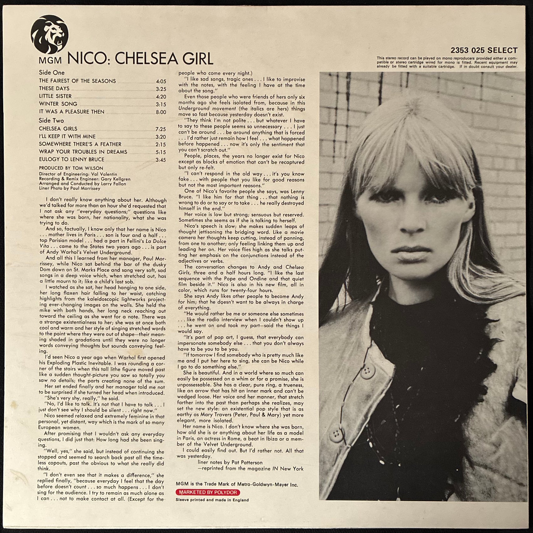 NICO - CHELSEA GIRL (USED VINYL 1986 UK M-/M-)