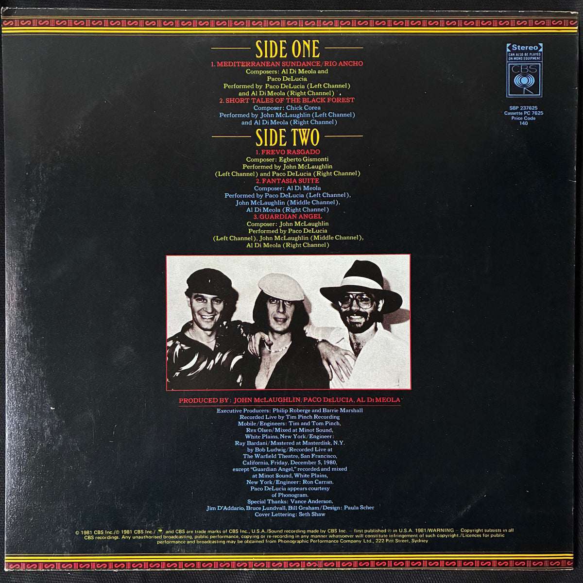 JOHN MCLAUGHLIN, AL DIMEOLA, PACO DE LUCIA - FRIDAY NIGHT IN SAN FRANCISCO LIVE (USED VINYL 1981 AUS M-/M-)