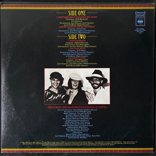 JOHN MCLAUGHLIN, AL DIMEOLA, PACO DE LUCIA - FRIDAY NIGHT IN SAN FRANCISCO LIVE (USED VINYL 1981 AUS M-/M-)