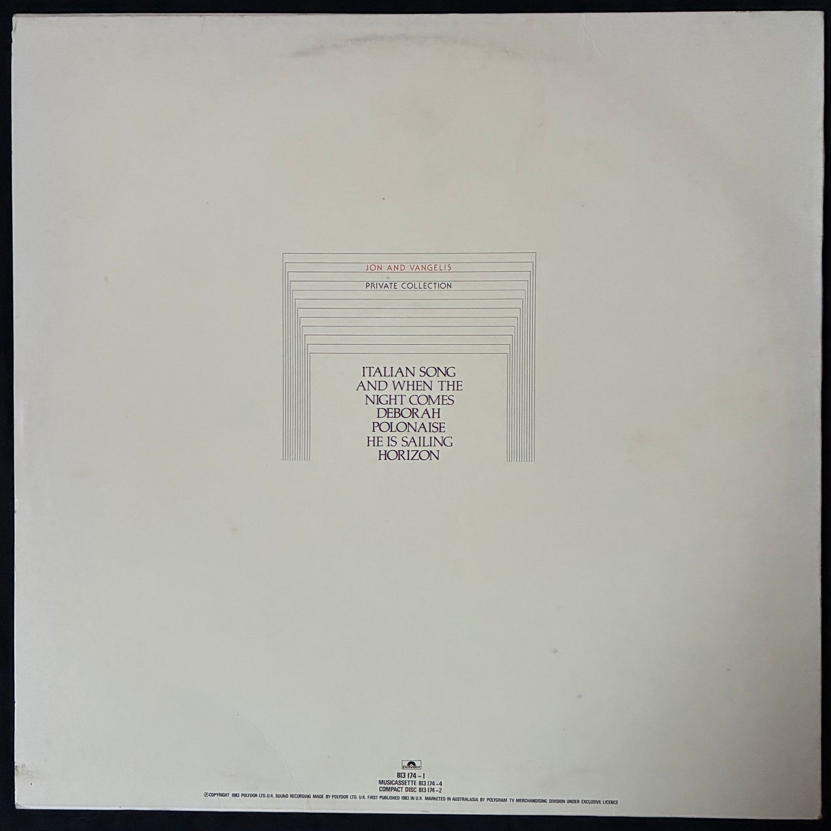 JON AND VANGELIS - PRIVATE COLLECTION (USED VINYL 1983 AUS M-/EX)