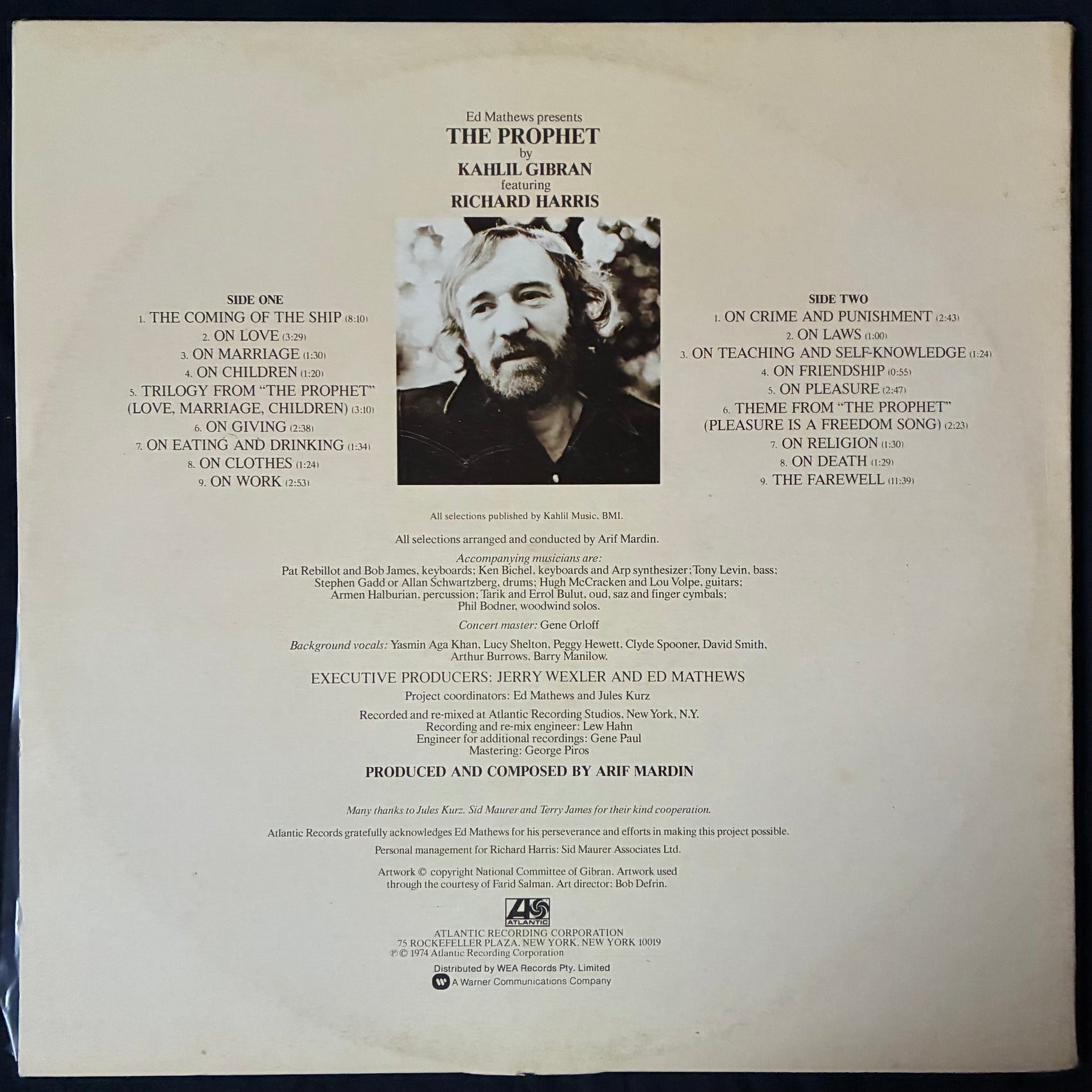 KAHLIL GIBRAN & RICHARD HARRIS - THE PROPHET (USED VINYL 1974 AUS M-/EX-)