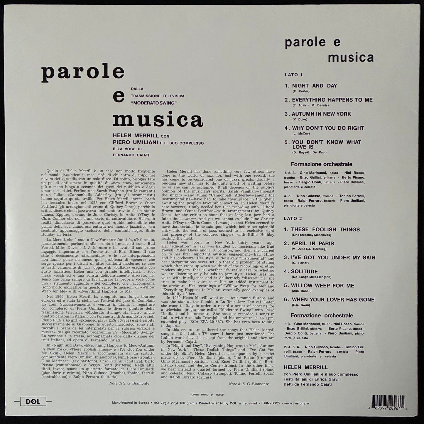 HELEN MERRILL - PAROLE E MUSICA (USED VINYL 2016 EU M-/M-)
