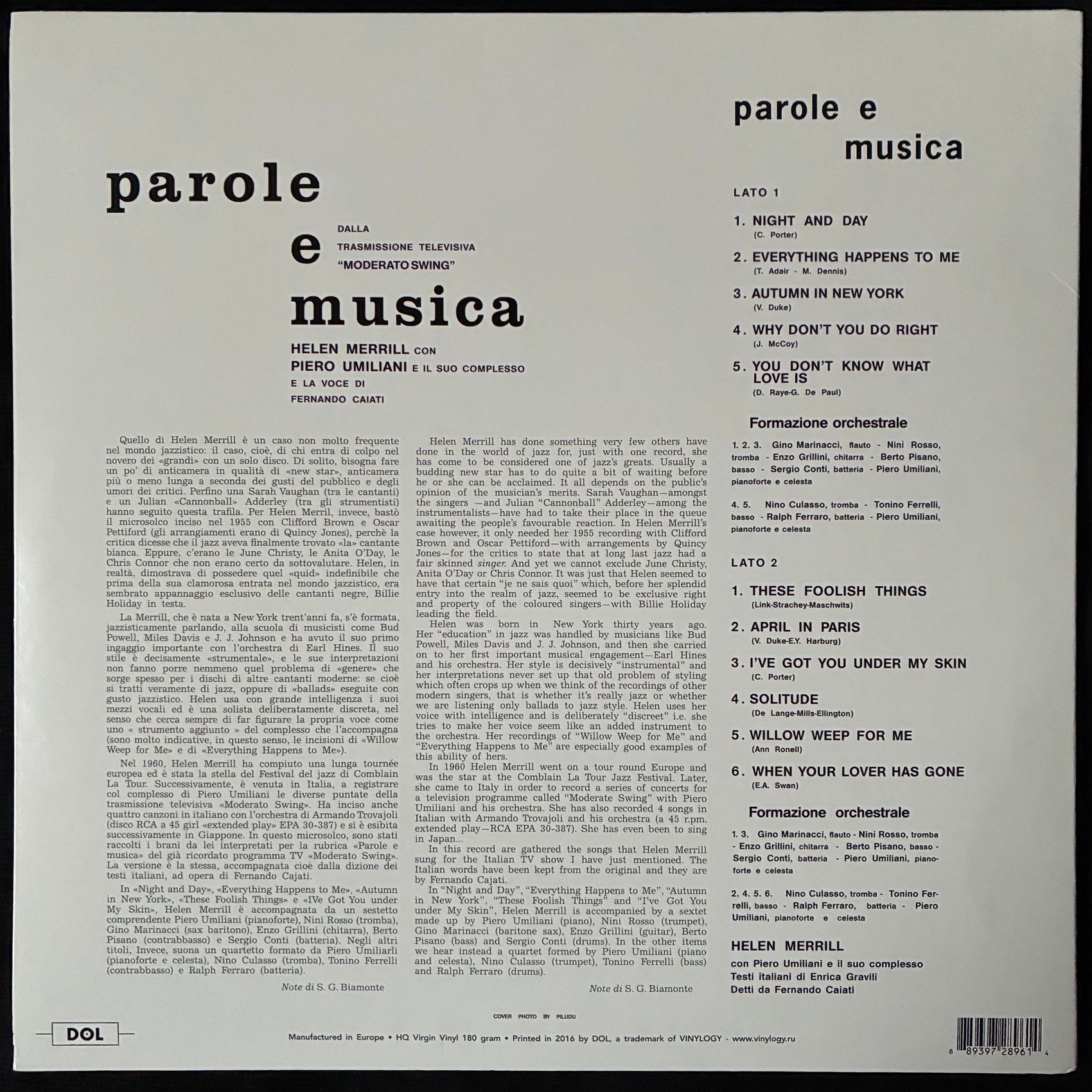 HELEN MERRILL - PAROLE E MUSICA (USED VINYL 2016 EU M-/M-)