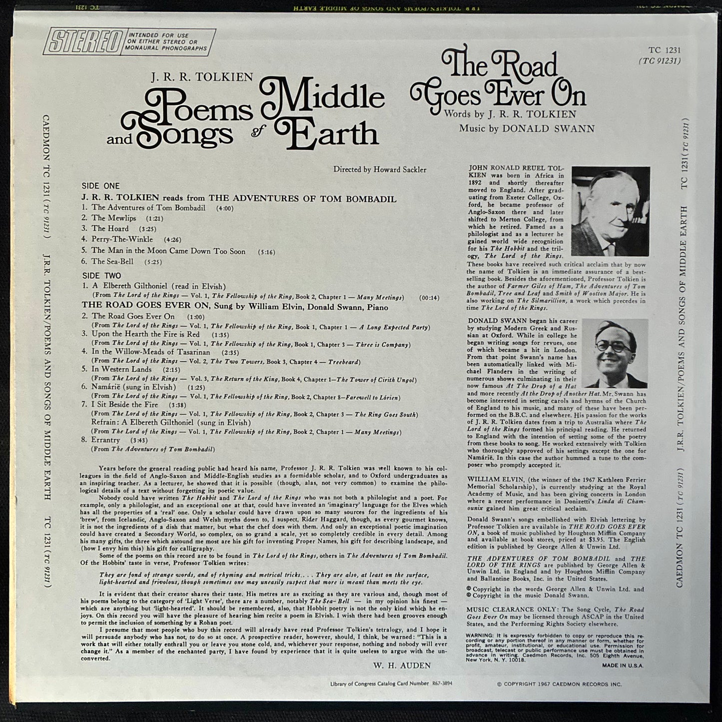 J.R.R. TOLKIEN - POEMS AND SINGS OF MIDDLE EARTH (USED VINYL 1967 US M-/M-)