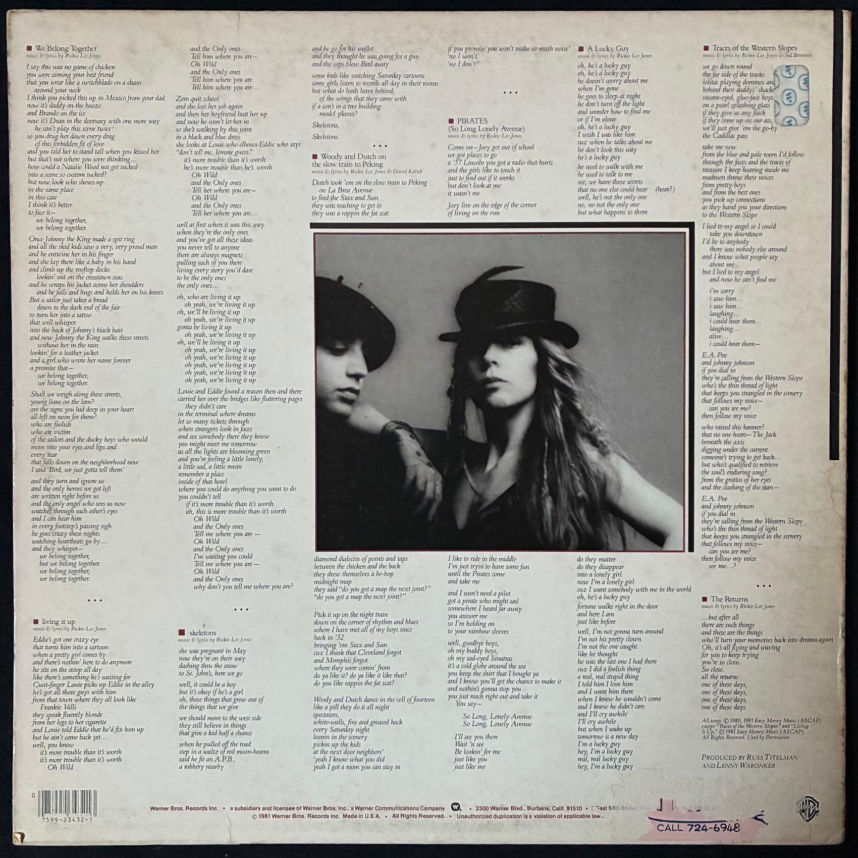 RICKIE LEE JONES - PIRATES (USED VINYL 1981 US EX+/VG+)