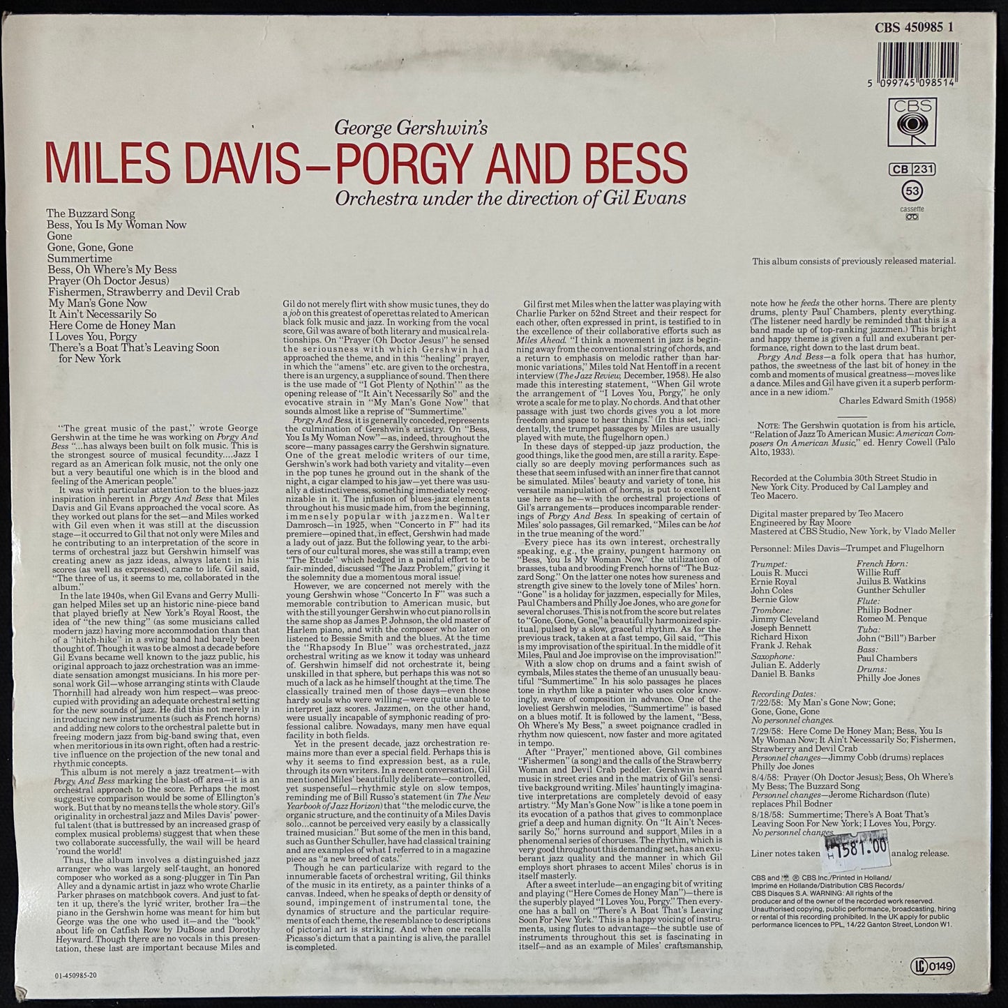 MILES DAVIS - PORGY AND BESS (USED VINYL 1987 EU M-/EX-)