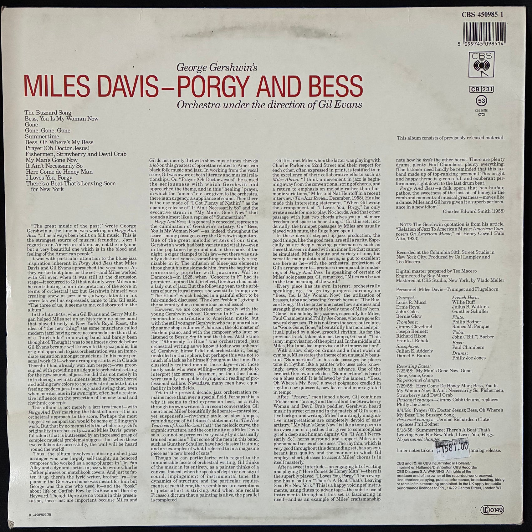 MILES DAVIS - PORGY AND BESS (USED VINYL 1987 EU M-/EX-)