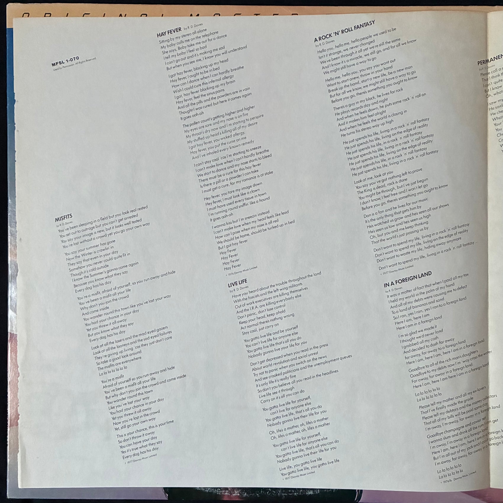 KINKS - MISFITS (MFSL) (USED VINYL 1981 US M-/EX-)
