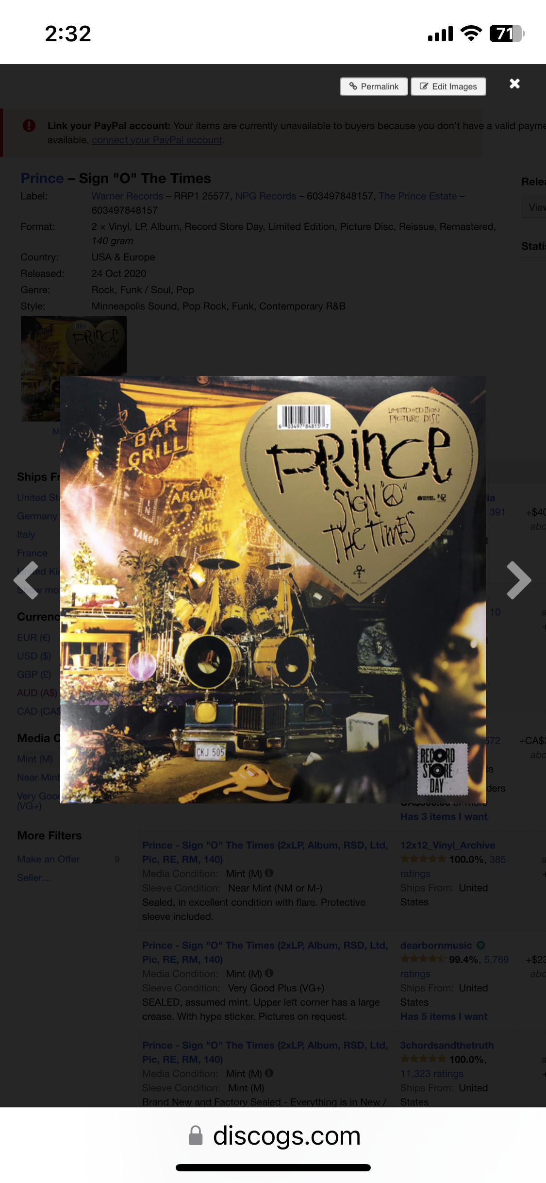 PRINCE - SIGN "O" THE TIMES (LIMITED EDITION, PICTURE DISC) VINYL