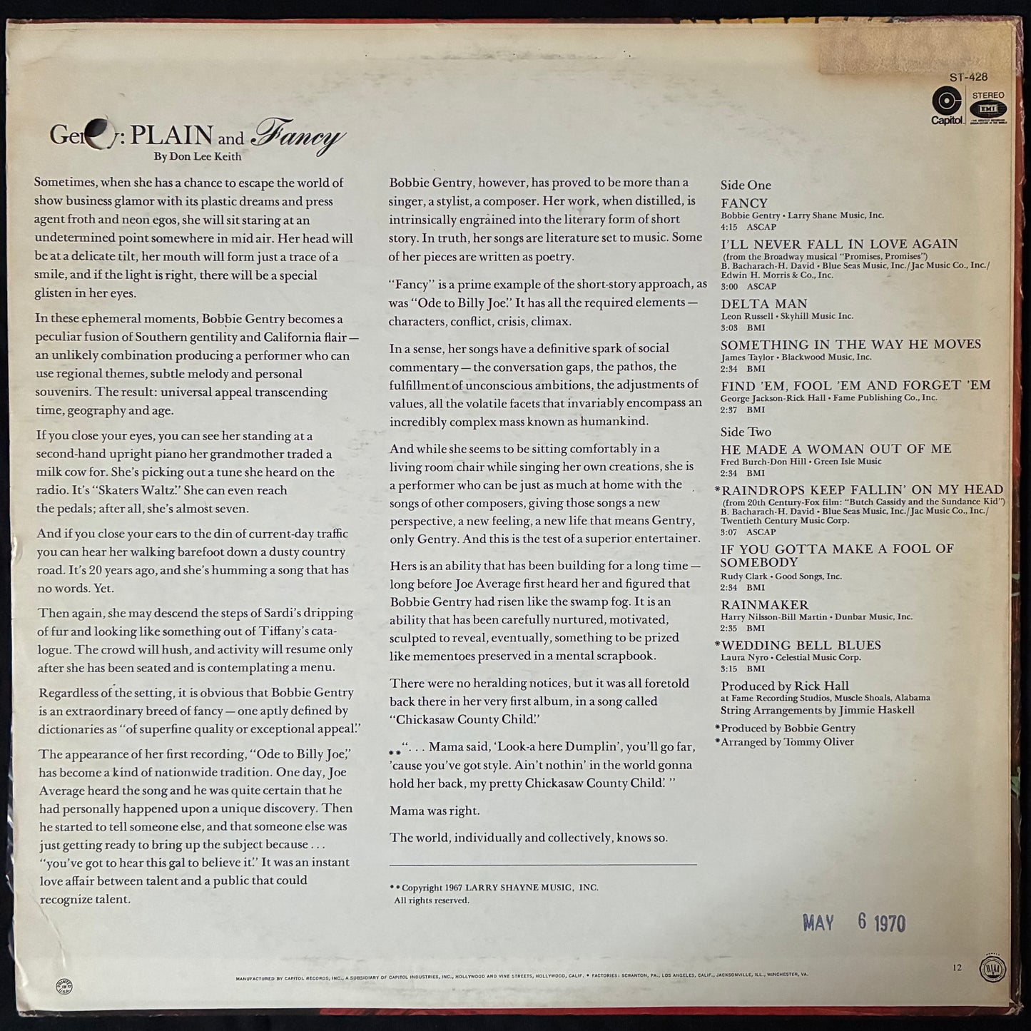 BOBBIE GENTRY - FANCY (USED VINYL 1970 US EX+/VG+)