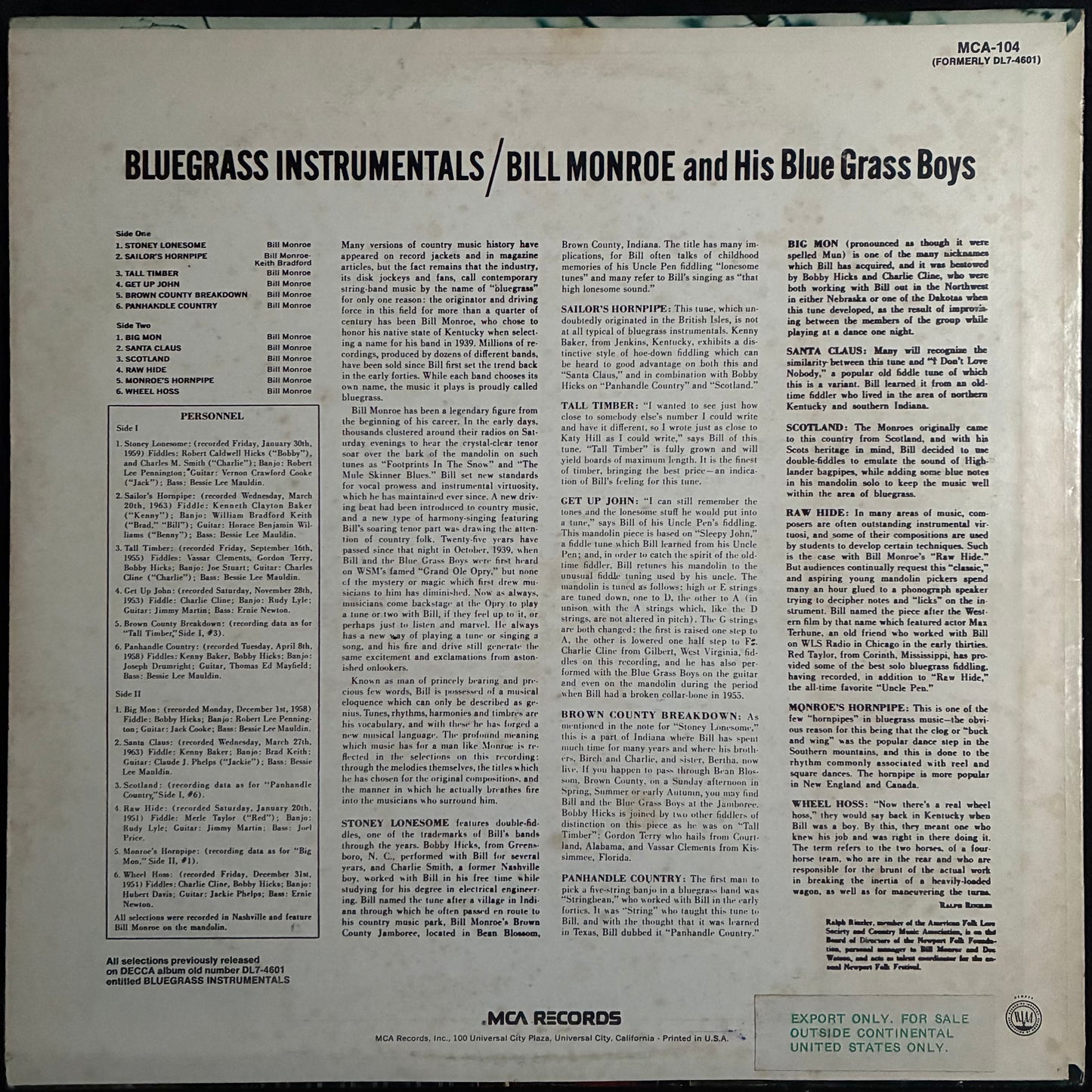 BILL MONROE AND HIS BLUEGRASS BOYS - BLUEGRASS INSTRUMENTALS (USED VINYL 1973 US EX+/EX)