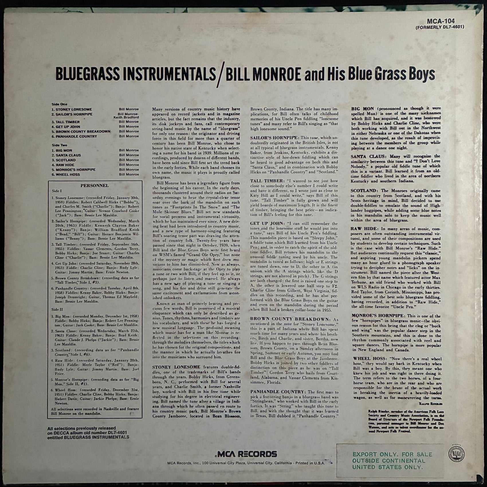 BILL MONROE AND HIS BLUEGRASS BOYS - BLUEGRASS INSTRUMENTALS (USED VINYL 1973 US EX+/EX)