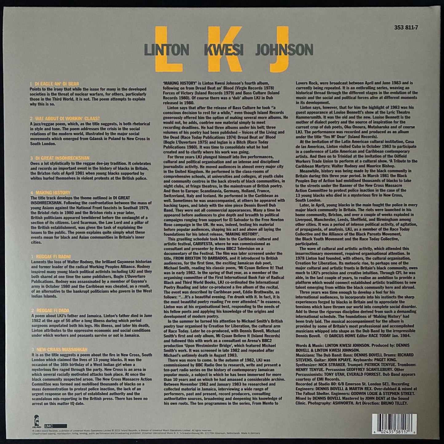 LINTON KWESI JOHNSON - MAKING HISTORY (YELLOW COLOURED) (USED VINYL 2021 M-/M-)