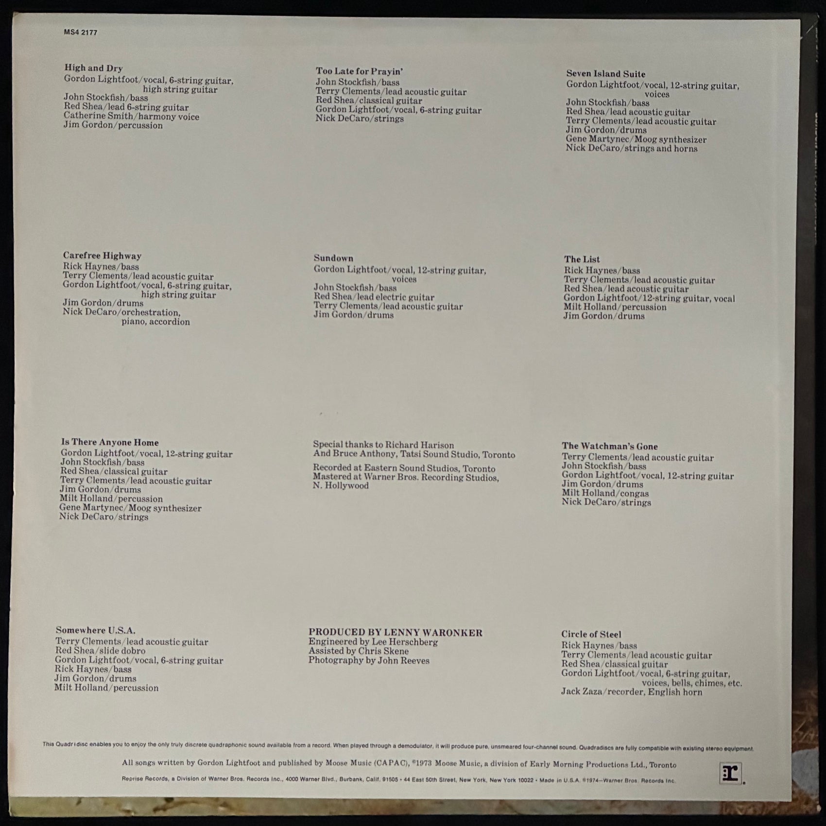 GORDON LIGHTFOOT - SUNDOWN (QUADRAPHONIC) (USED VINYL 1974 US M-/M-)