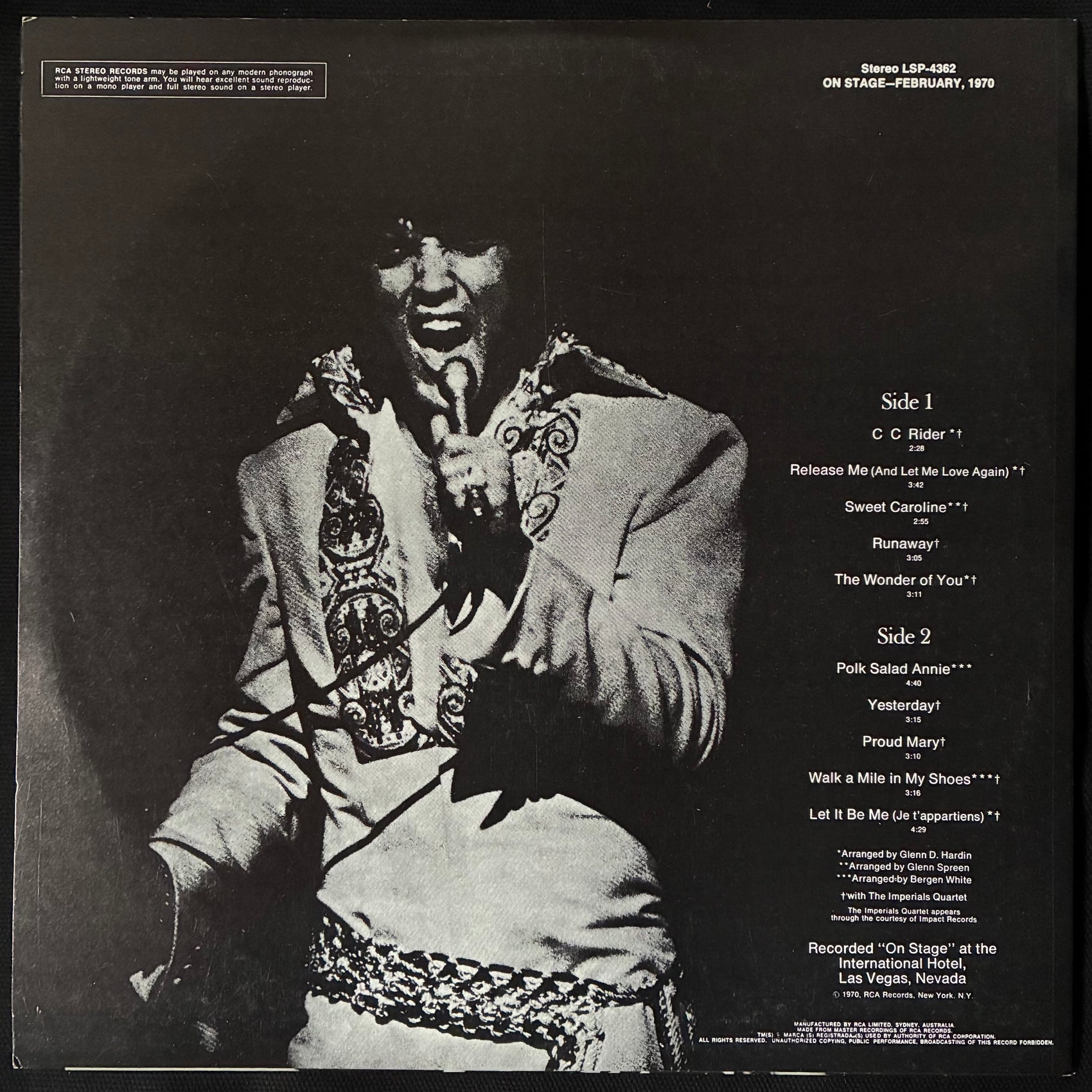 ELVIS PRESLEY - ON STAGE FEBRUARY, 1970 (USED VINYL 1977 AUS M-/M-)