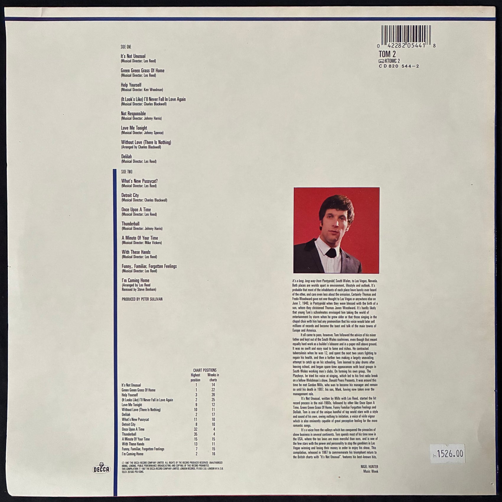 TOM JONES - IT'S NOT UNUSUAL (USED VINYL 1987 UK EX/EX)
