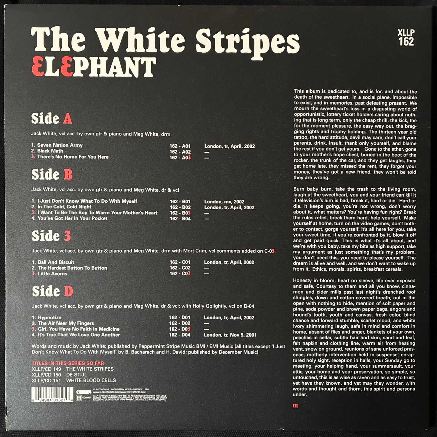 WHITE STRIPES - ELEPHANT (2LP) (FIRST PRESSING) (USED VINYL 2003 UK M-/M-)