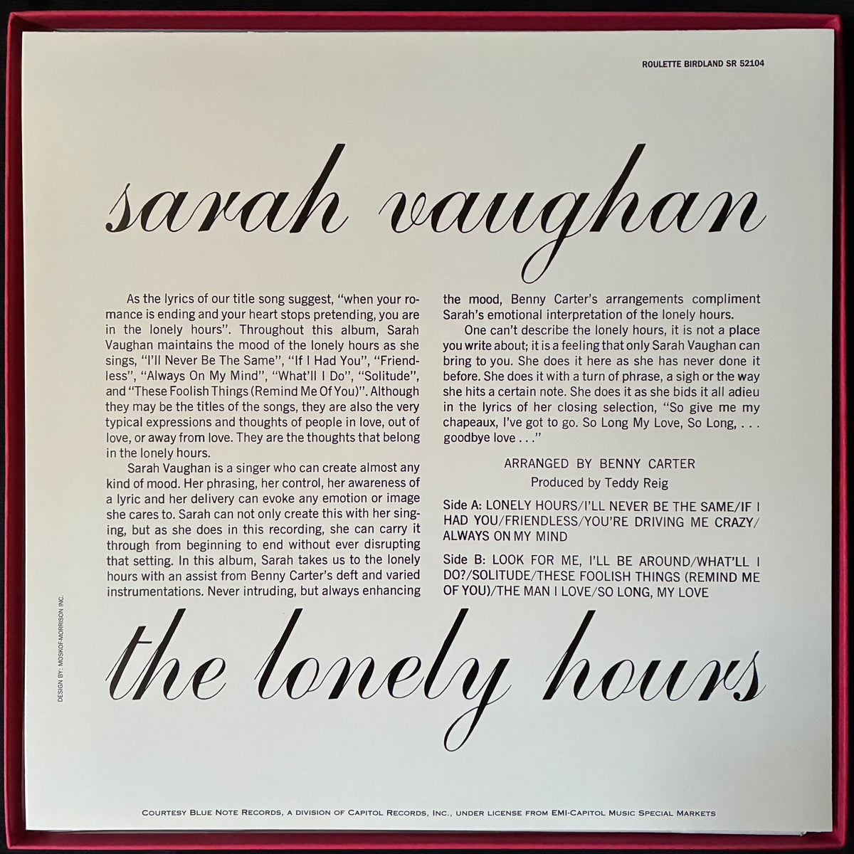 SARAH VAUGHAN - THE LONELY HOURS (4LP BOX SET) (USED VINYL 2008 US M-/M-/EX)