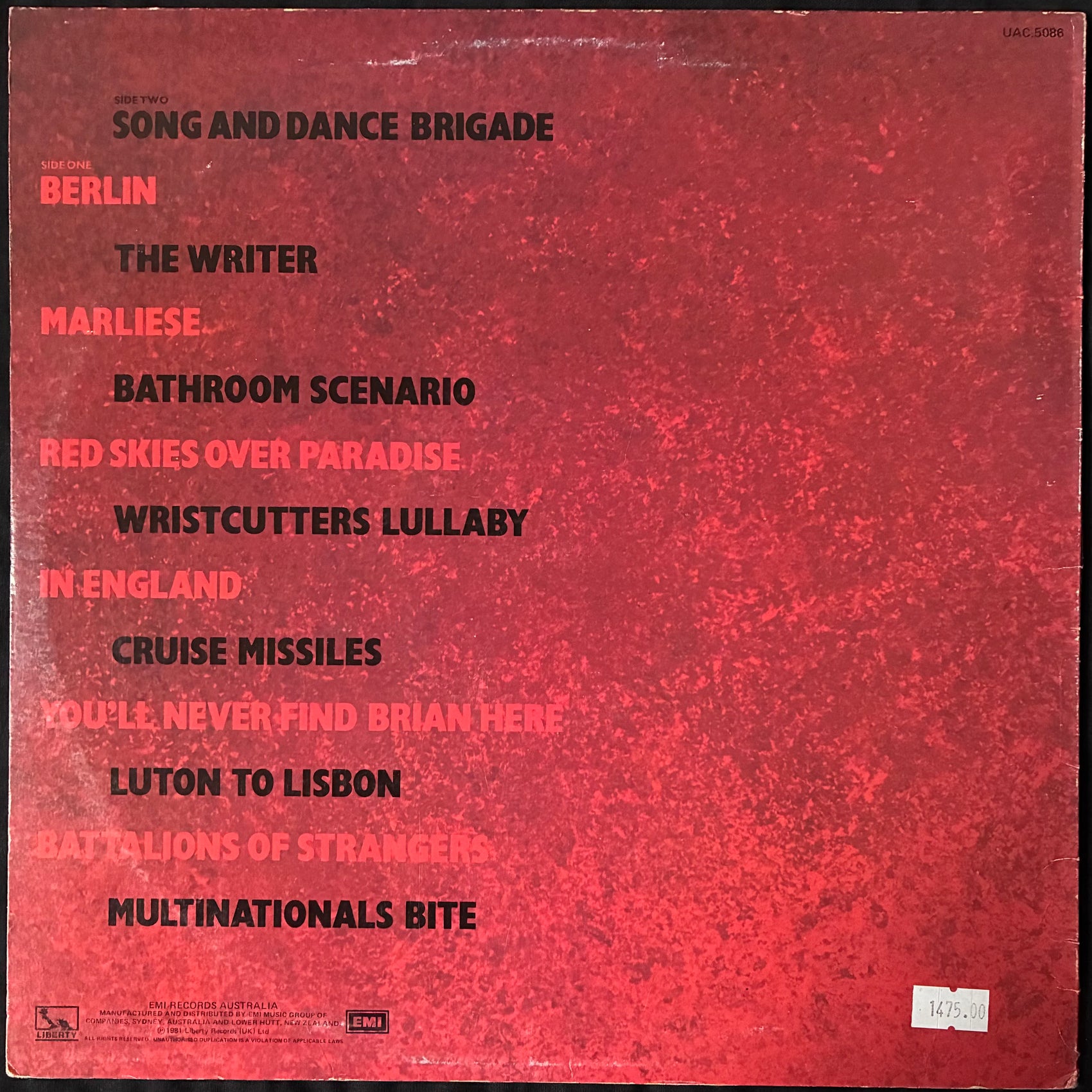 FISCHER-Z - RED SKIES OVER PARADISE (USED VINYL 1981 AUS EX+/EX+)