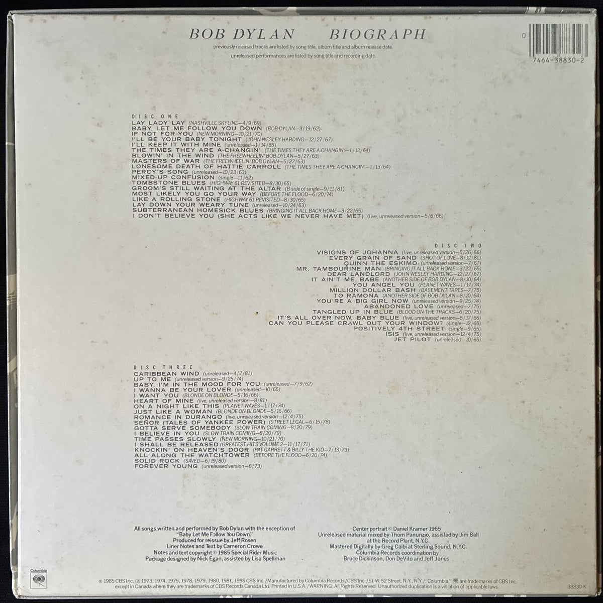 BOB DYLAN - BIOGRAPH (3CD BOX SET) (USED CD 1985 US M-/EX+)